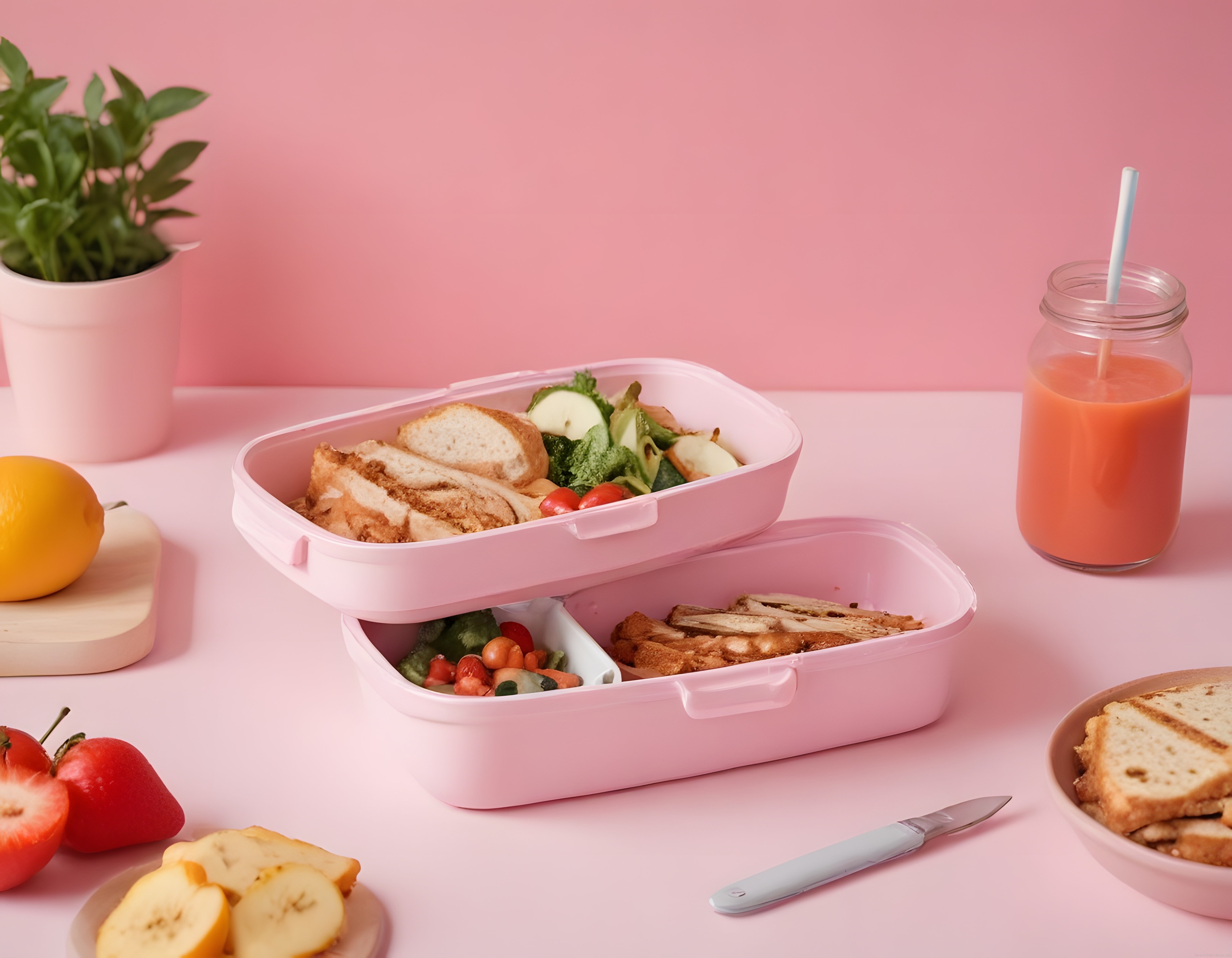 Pastel Pembe Dekorda Ev Yapımı Sağlıklı Beslenme Kabı ve Tost Sunumu