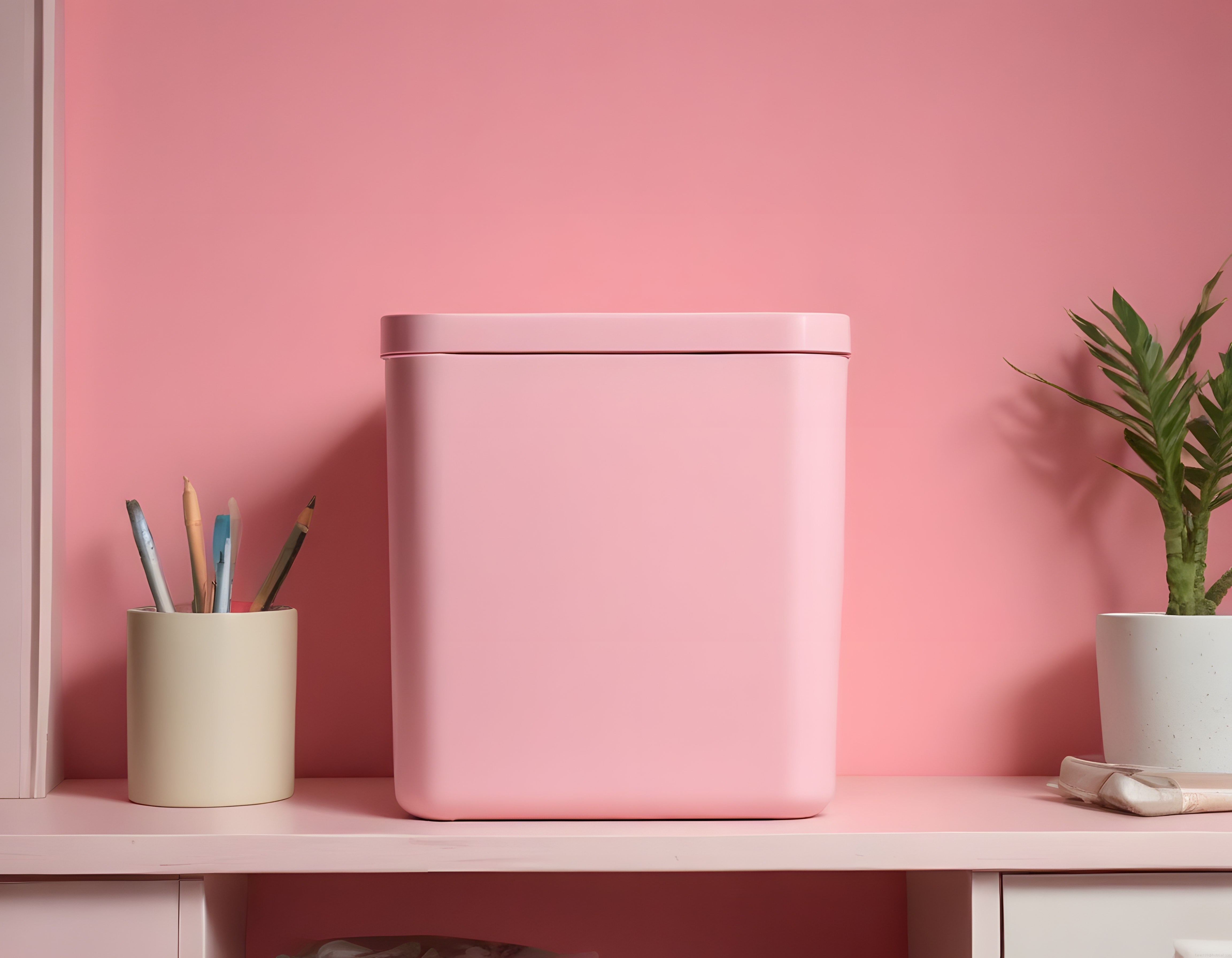 Pastel Pembe Duvar Önünde Minimalist Dekoratif Oda Köşesi ve Saklama Kutusu