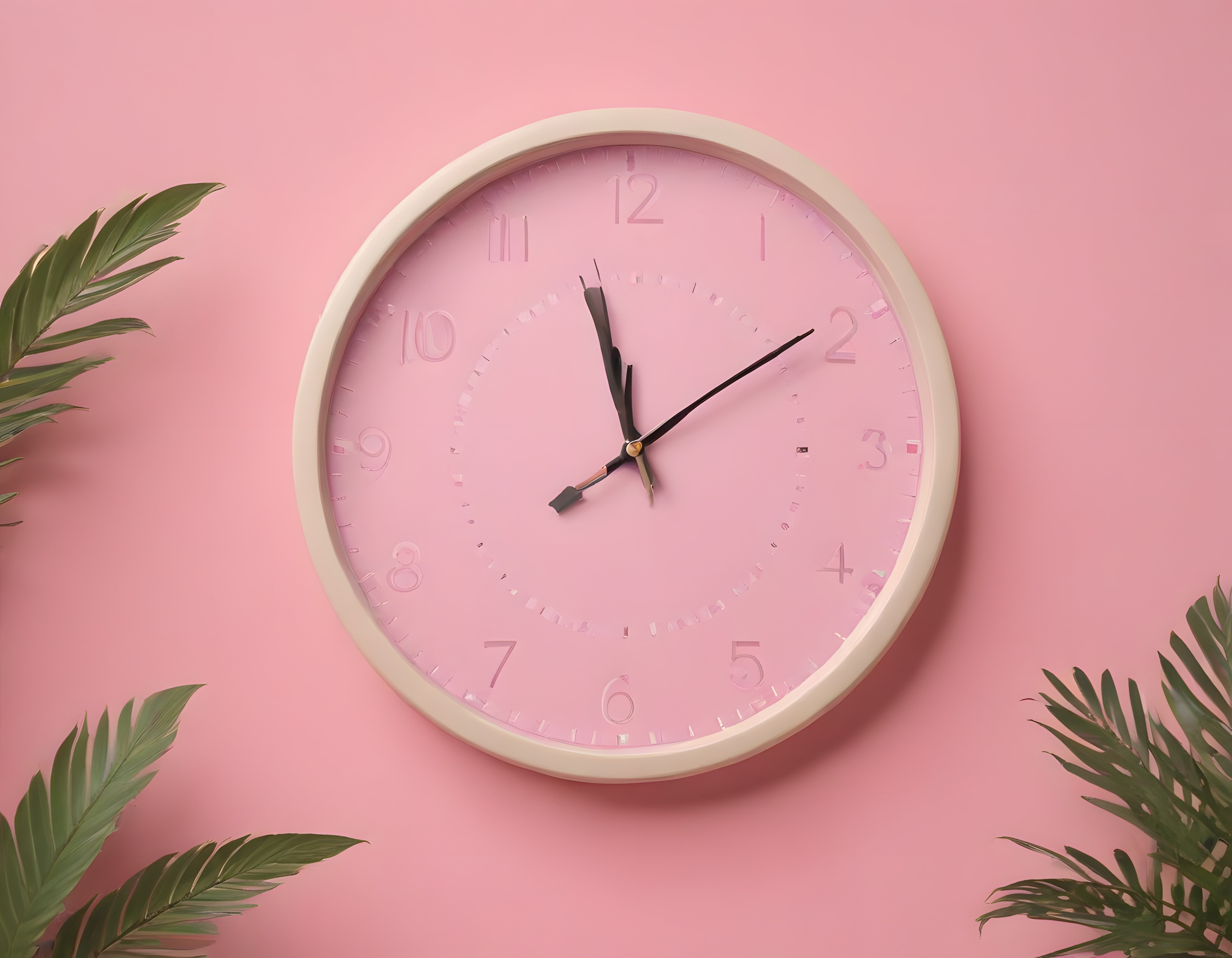 Pastel Pembe Duvar Saati ve Yeşil Yapraklarla Dekoratif İç Mekan Atmosferi