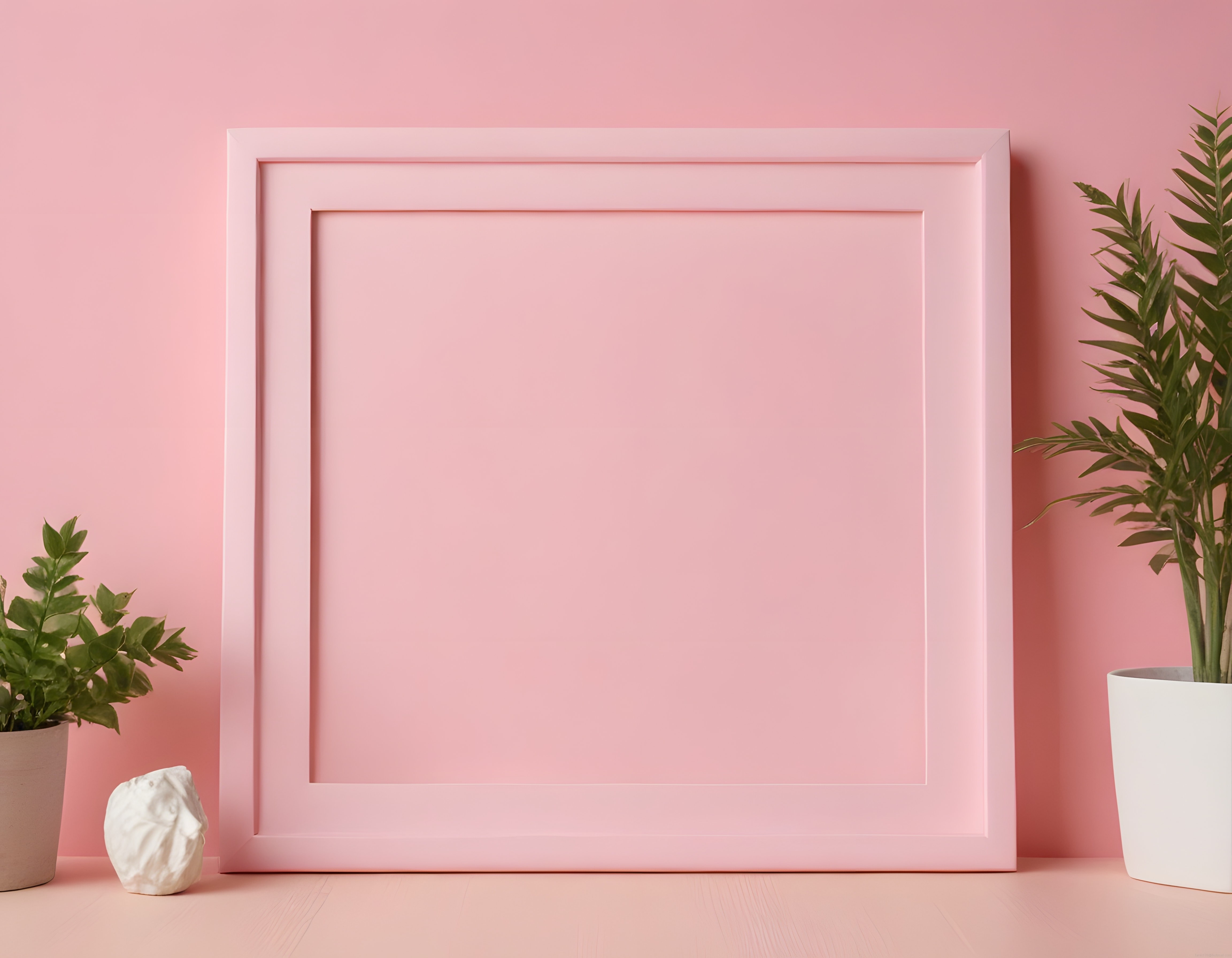 pastel pembe duvarda boş poster çerçevesi ve yeşil salon bitkileri