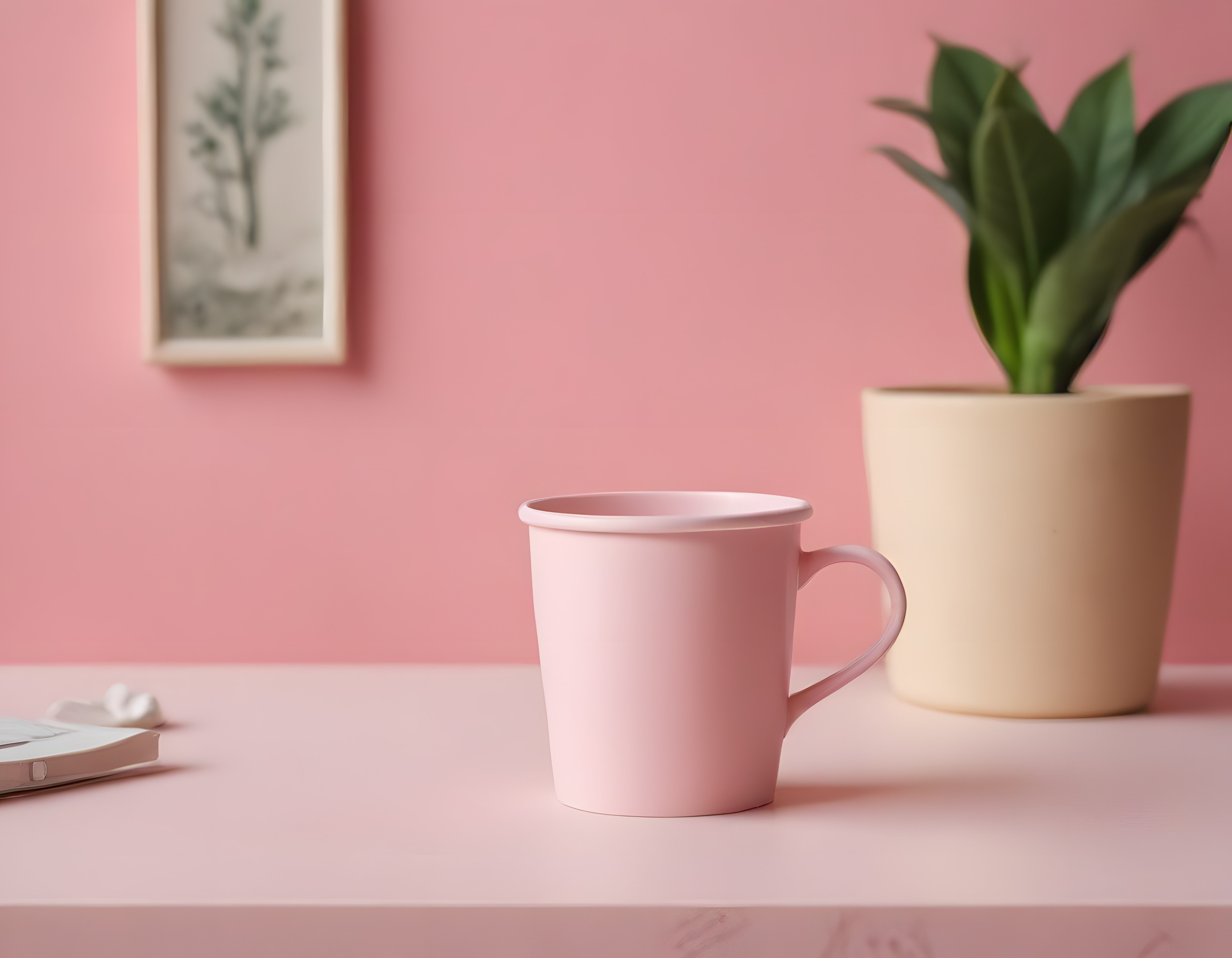 Pastel Pembe Duvarlı Minimal Çalışma Alanı; Dekoratif Bitki ve Seramik Kupa