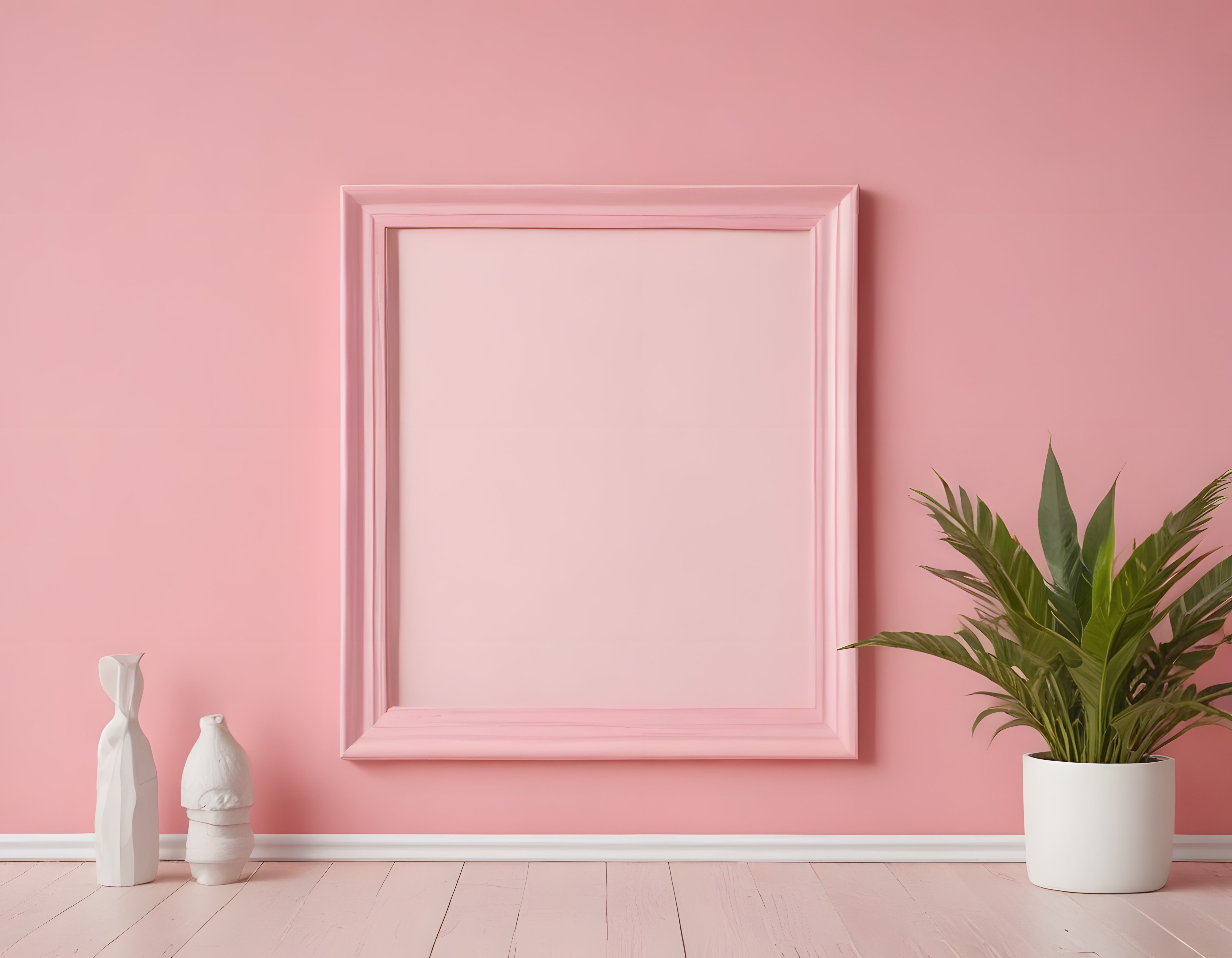 Pastel Pembe Duvarlı Minimalist İç Mekan Dekorasyonu ve Boş Çerçeve Tasarımı