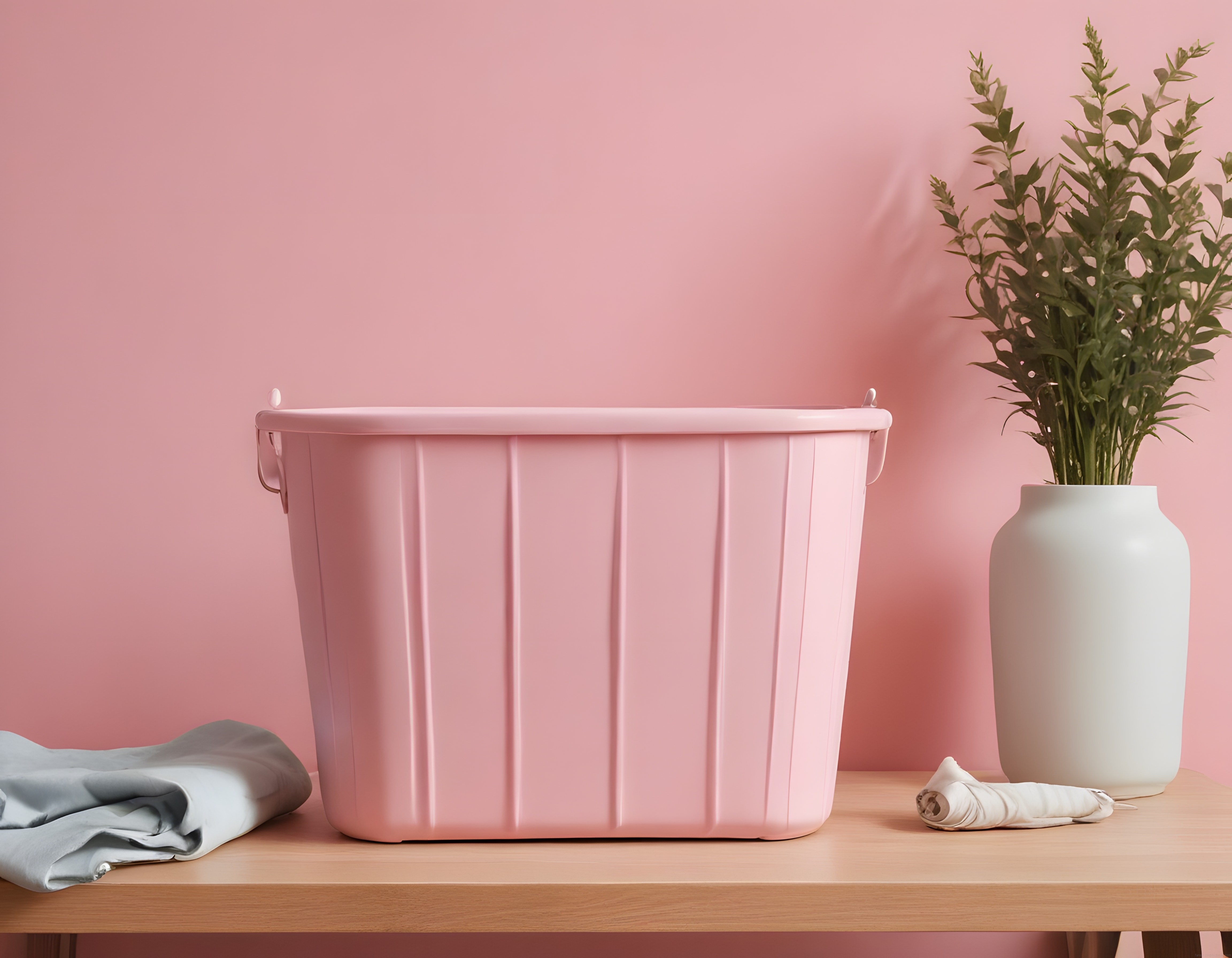 Pastel Pembe Fon Önünde Dekoratif Kova ve Yeşil Bitki Detaylı Ev Stili