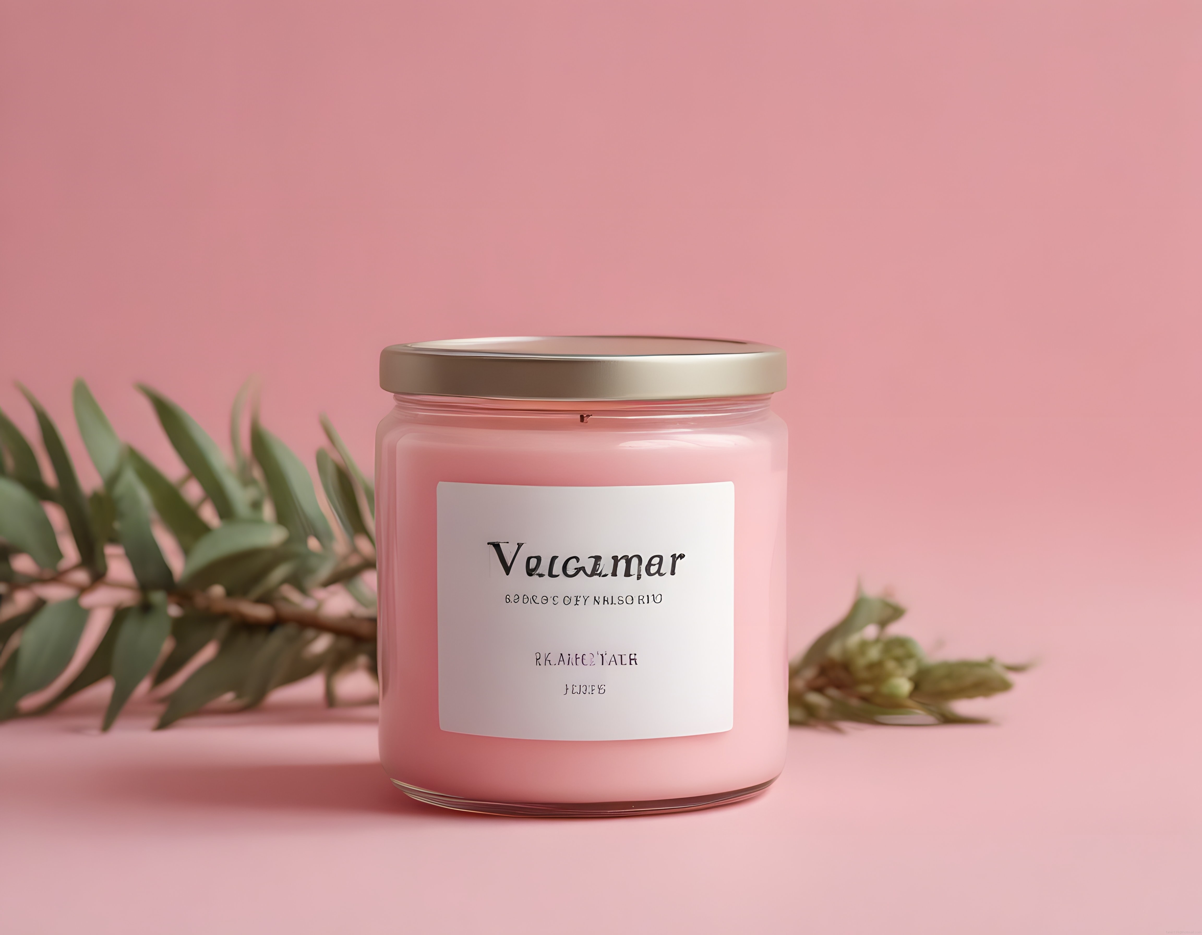 Pastel Pembe Fon Üzerinde Metal Kapaklı Cam Mum ve Zarif Botanik Detaylar