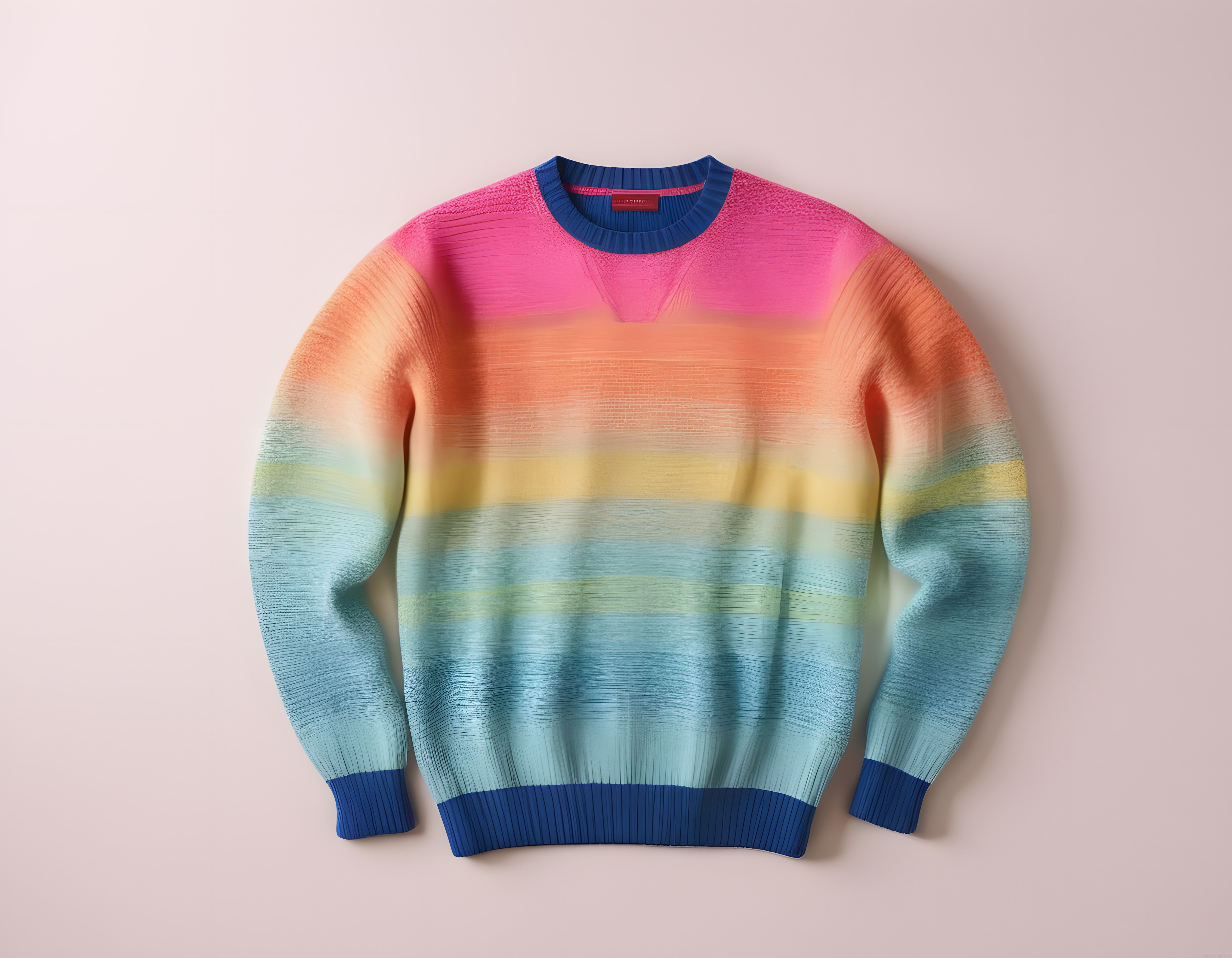 Pastel Pembe Fonda Gökkuşağı Çizgili Triko Kazak ve Lacivert Detaylar