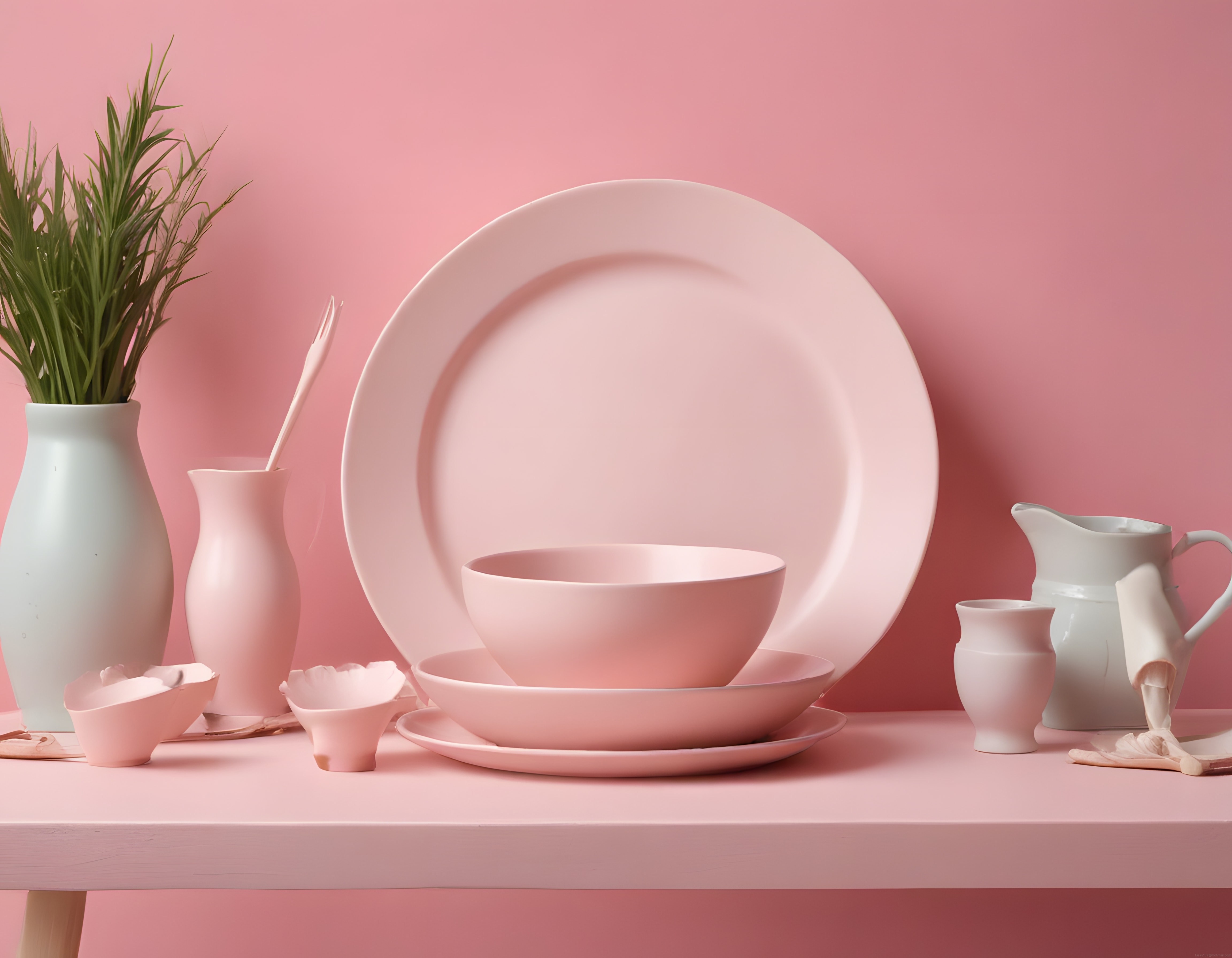 Pastel Pembe Fonunda Zarif Seramik Tabak ve Kase Düzenlemesi ile Dekorasyon