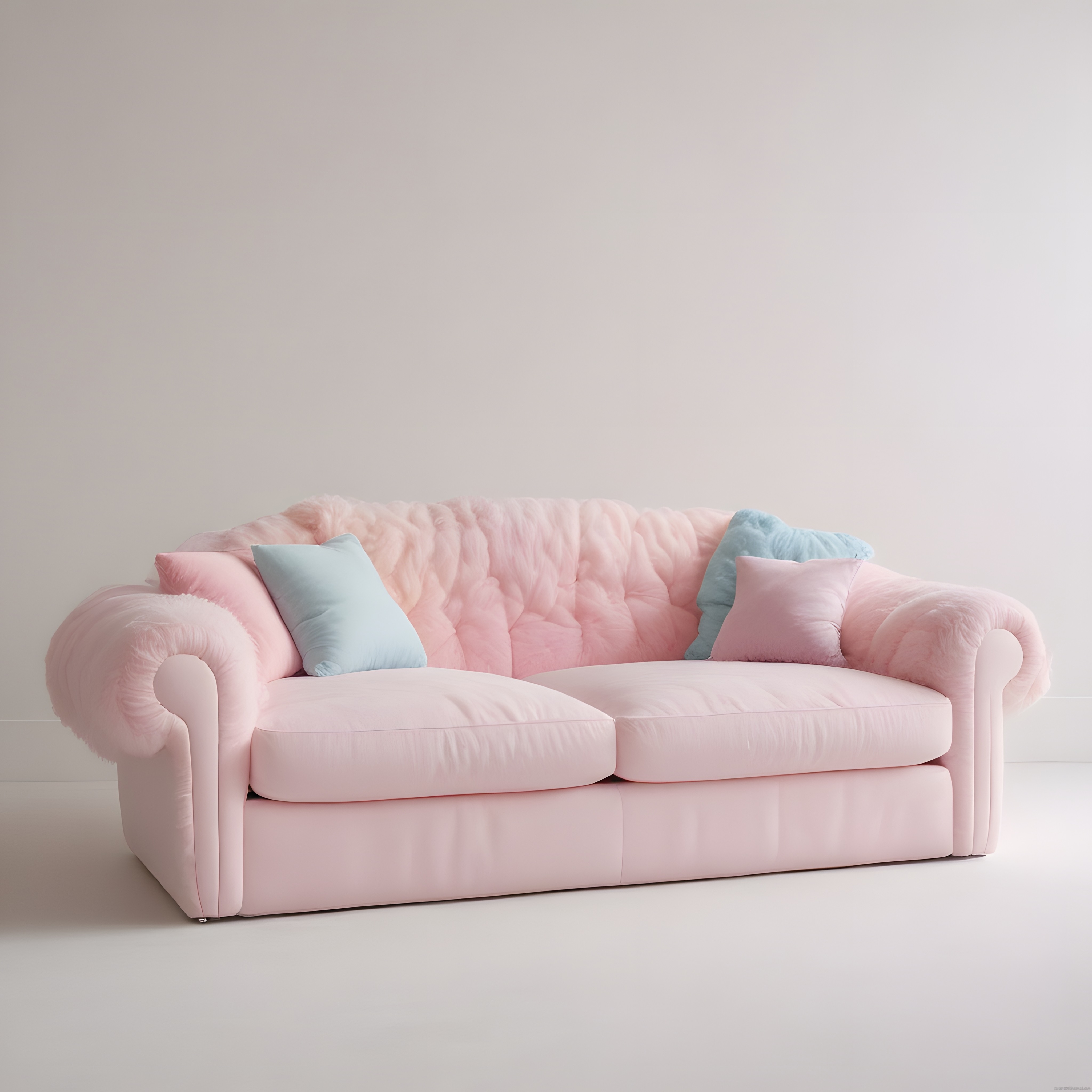 Pastel Pembe Kabarık Chesterfield Koltuk ve Mavi Yastıklar ile Minimal Dekorasyon