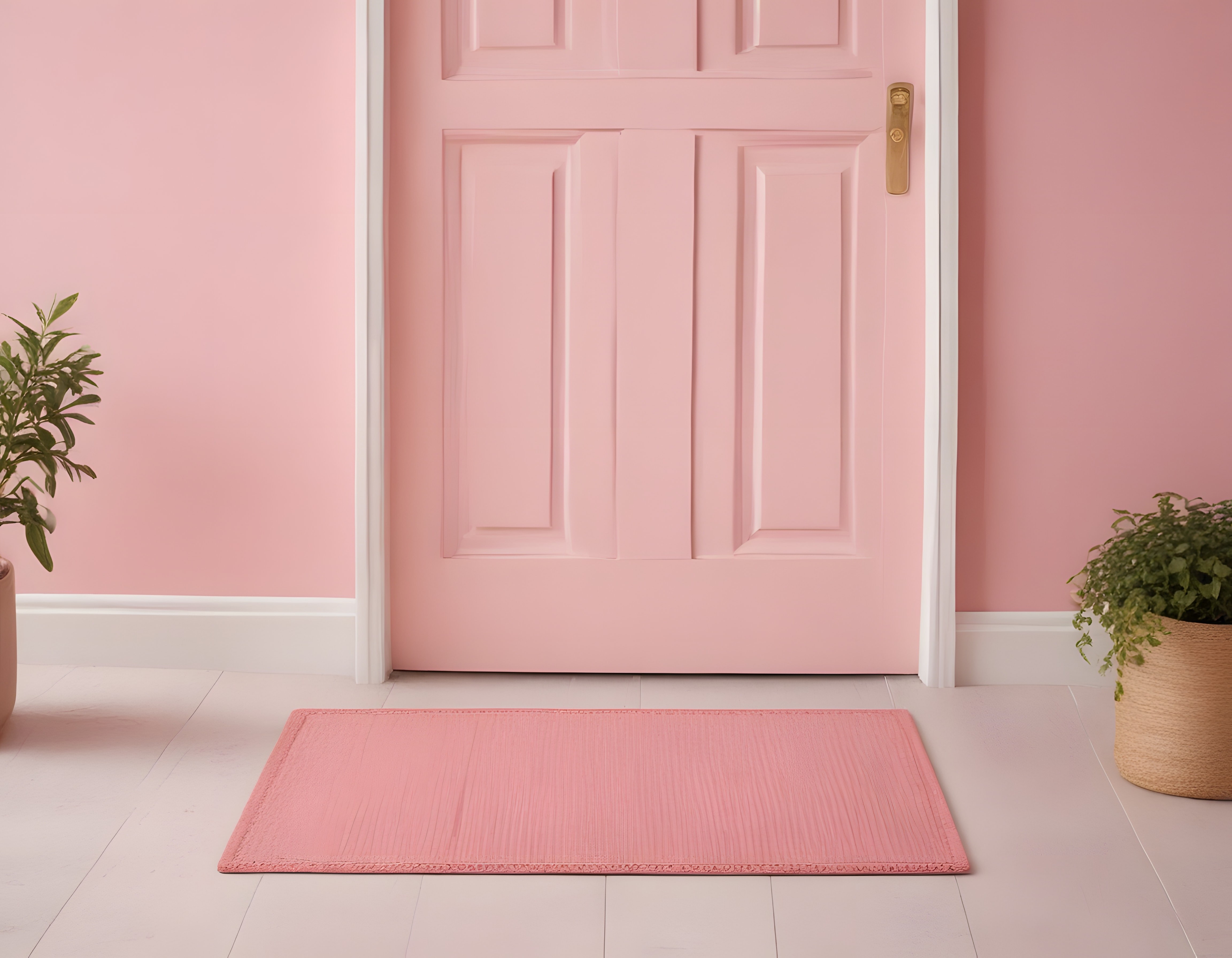 Pastel pembe kapı ve bitkilerle süslenmiş huzurlu ev antre dekorasyonu