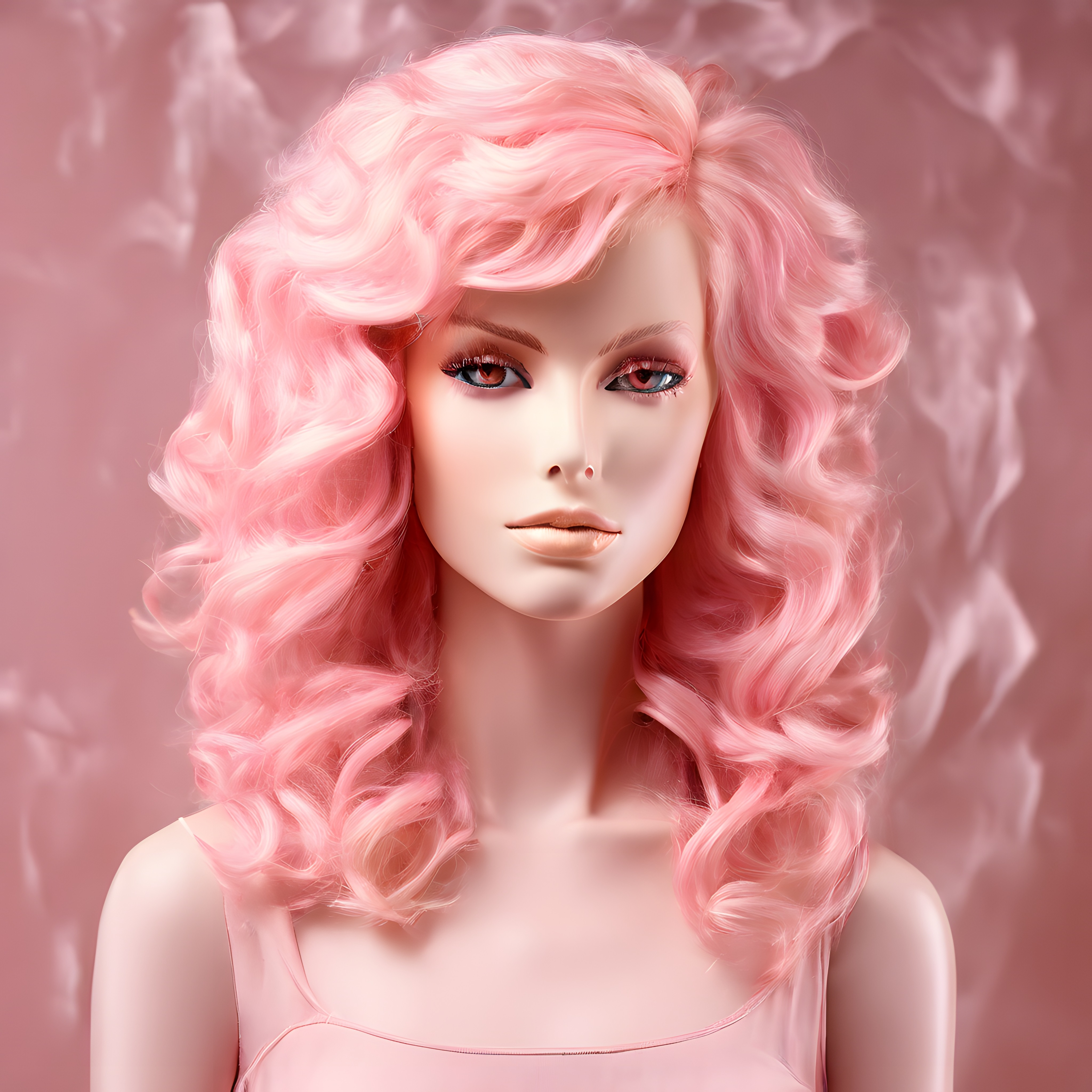 Pastel Pembe Kıvırcık Peruklu Manken Portresi: Modern Saç Tasarımı İlhamı