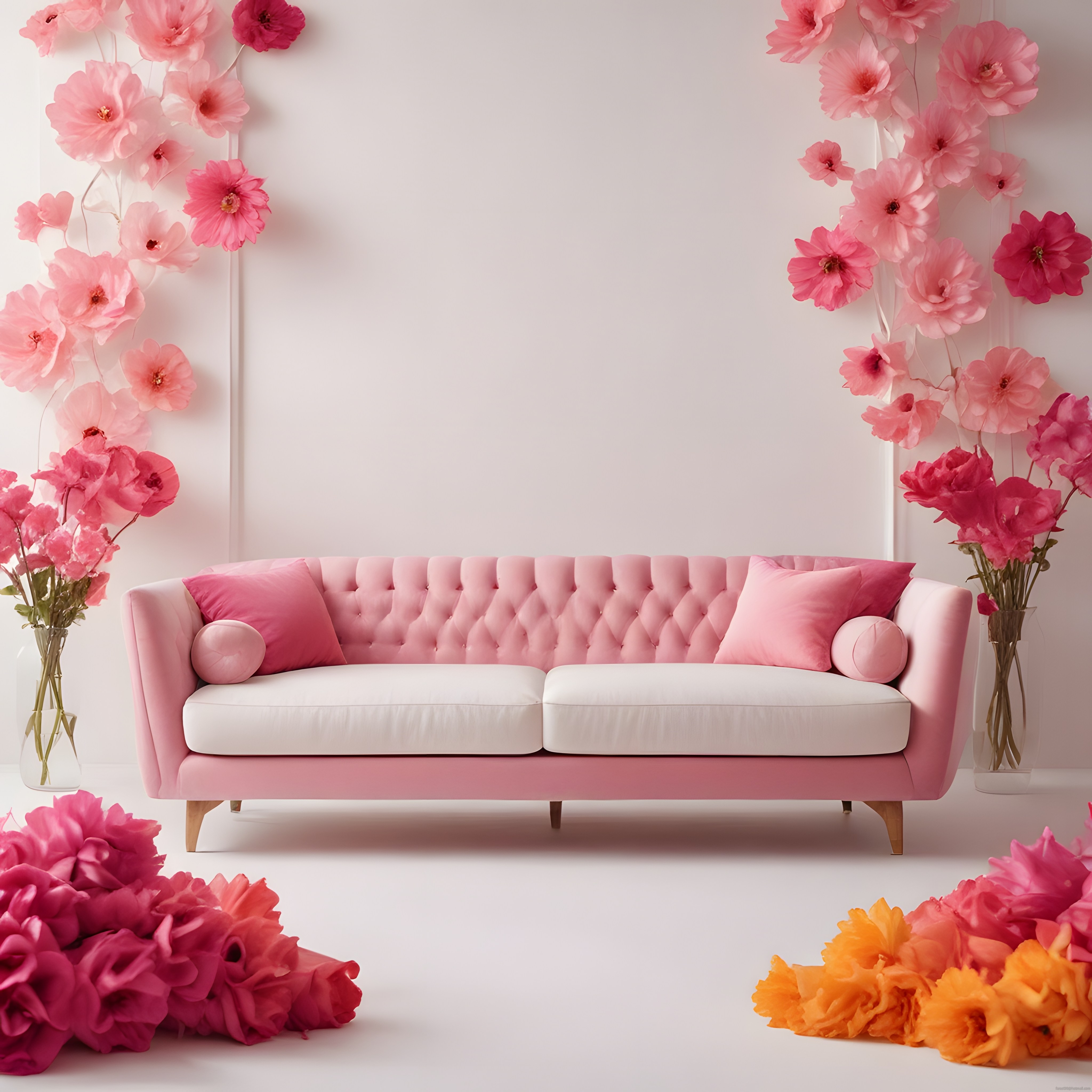 Pastel pembe koltuk ve devasa çiçeklerle süslenmiş romantik stüdyo arka planı