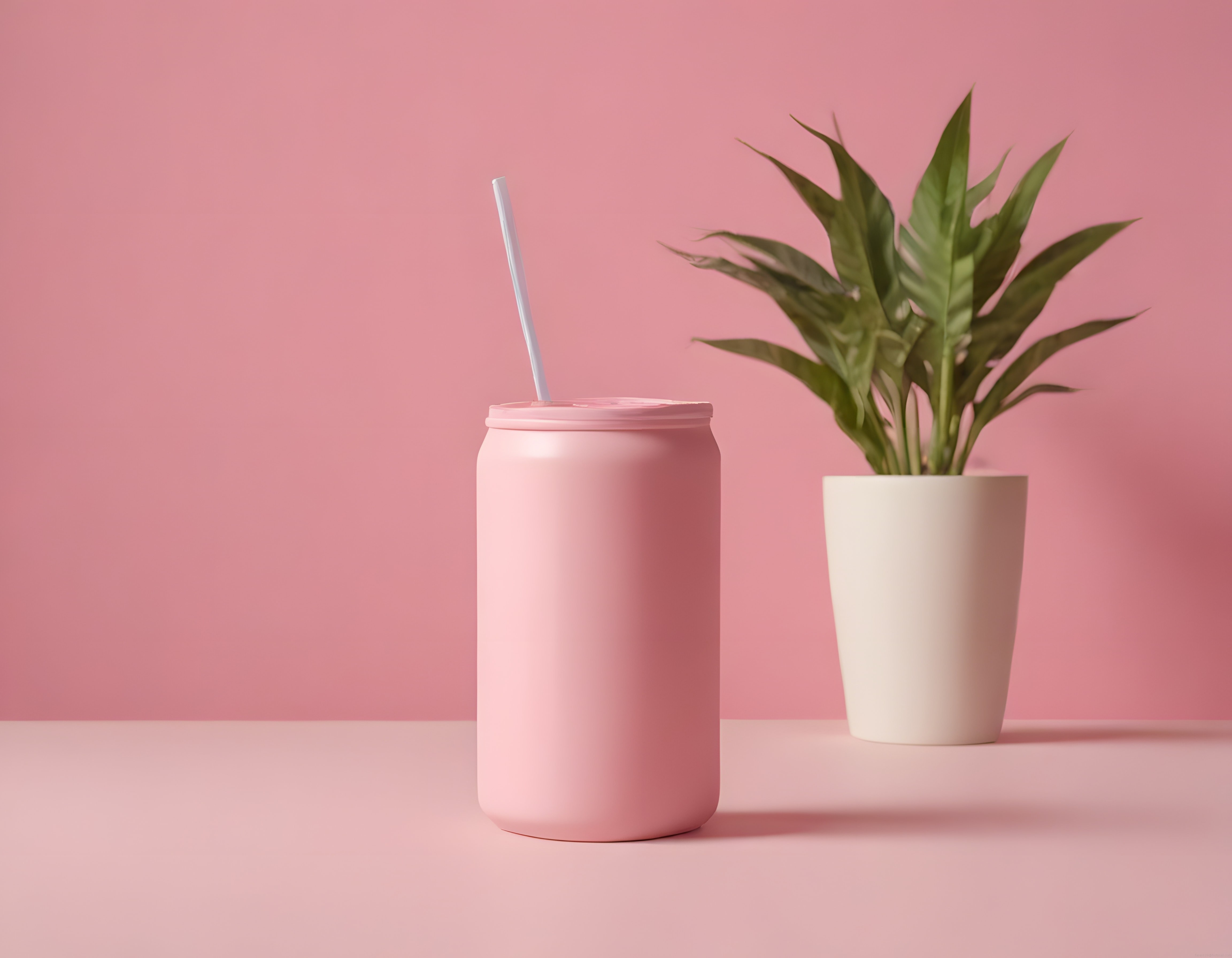 Pastel Pembe Kutu Bardak ve Yeşil Bitkiyle Minimalist Ürün Fotoğrafı