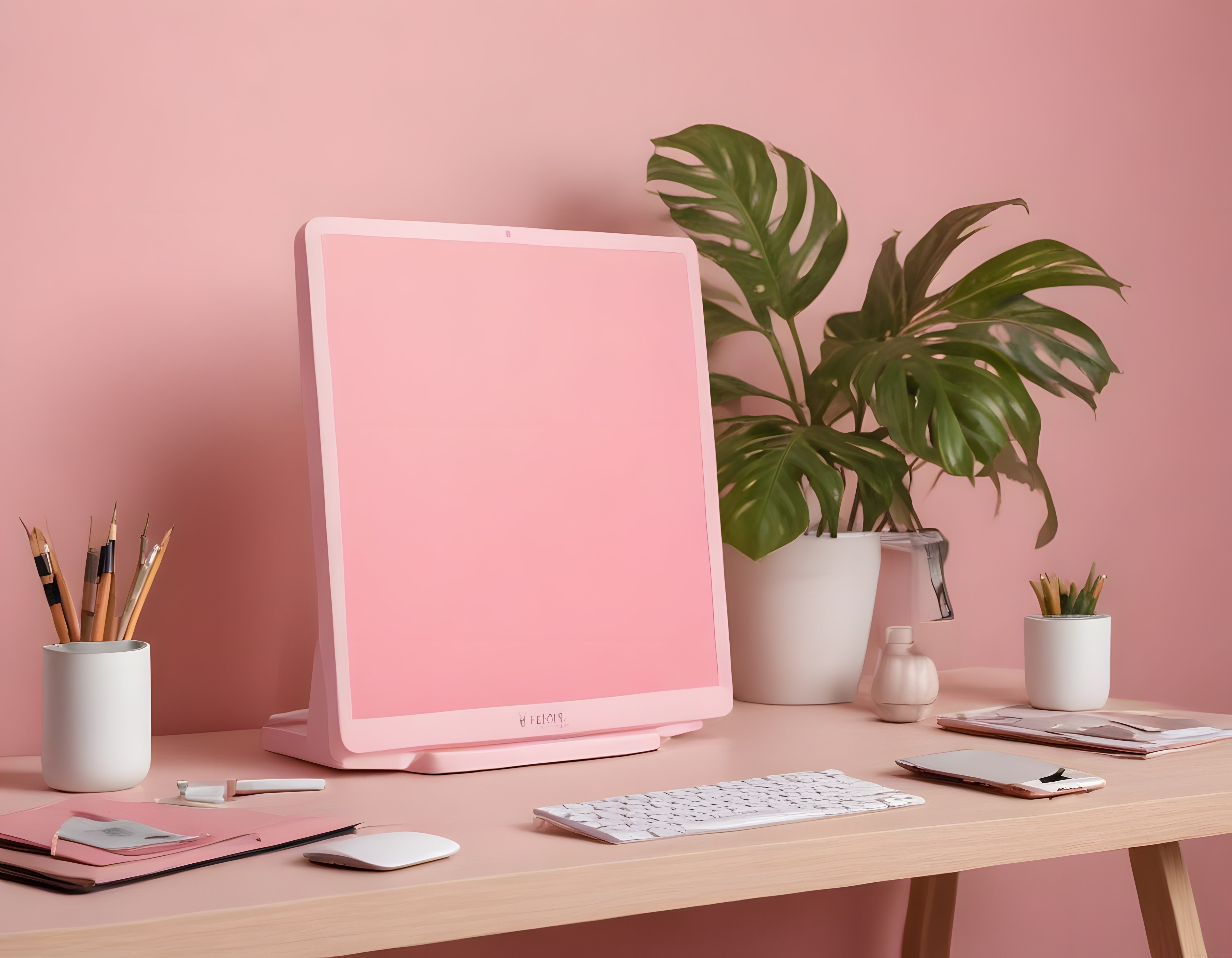 Pastel Pembe Minimalist Çalışma Masası ve Modern Dijital Tasarım İstasyonu