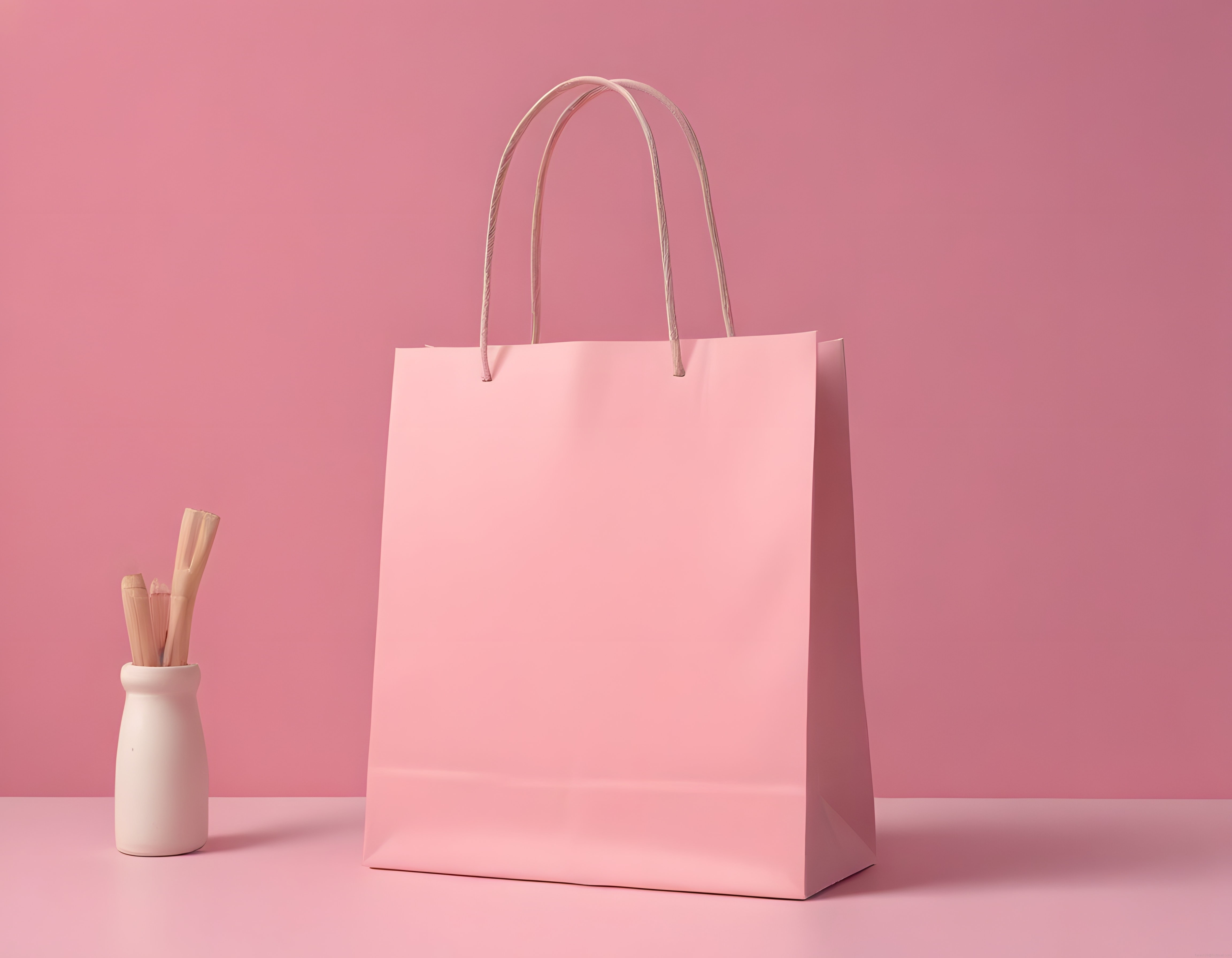 Pastel Pembe Studyoda Boş Kağıt Alışveriş Çantası ve Ahşap Mutfak Aksesuarları