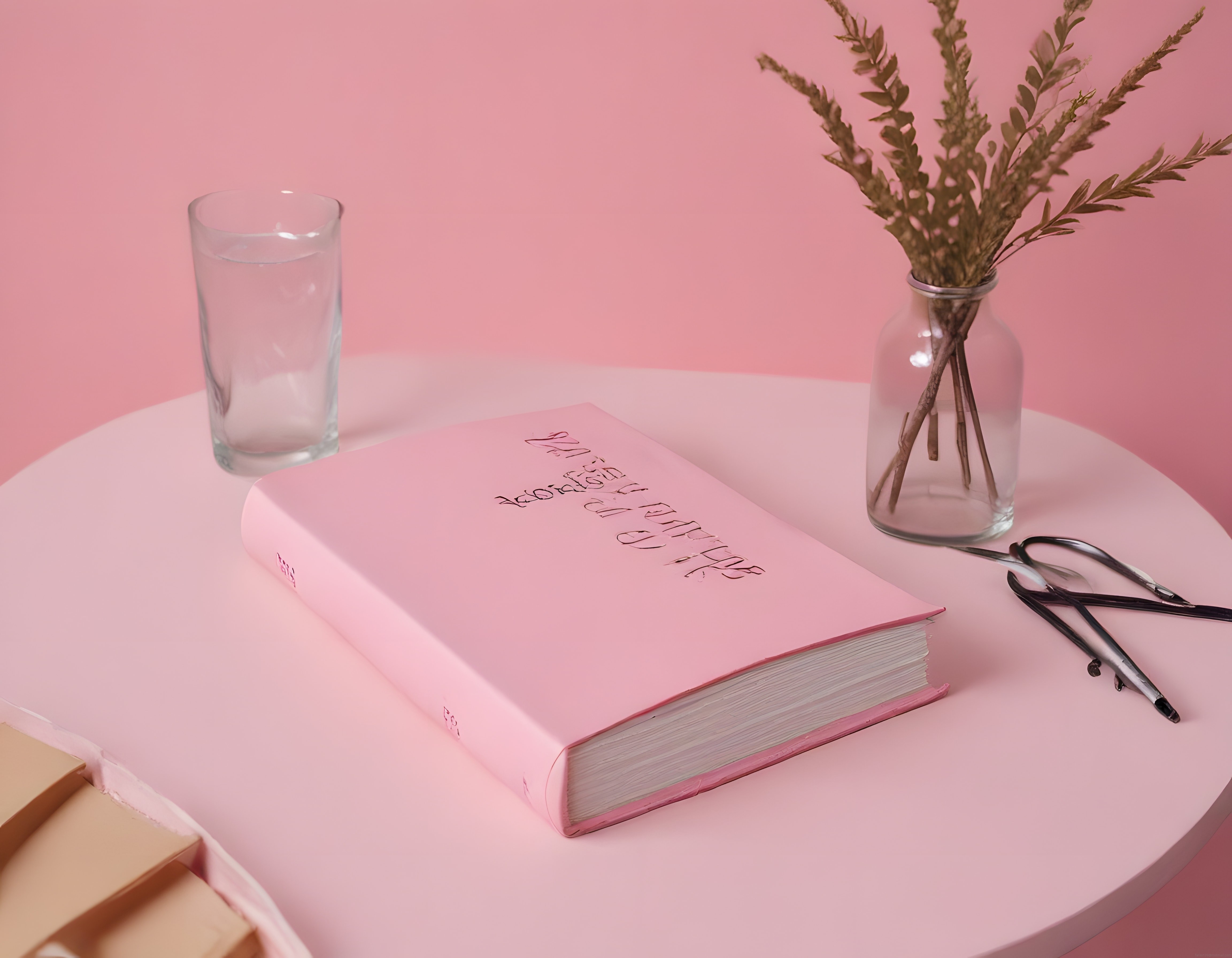Pastel pembe tonlarda minimalist masa dekorasyonu ve kitap aranjmanı