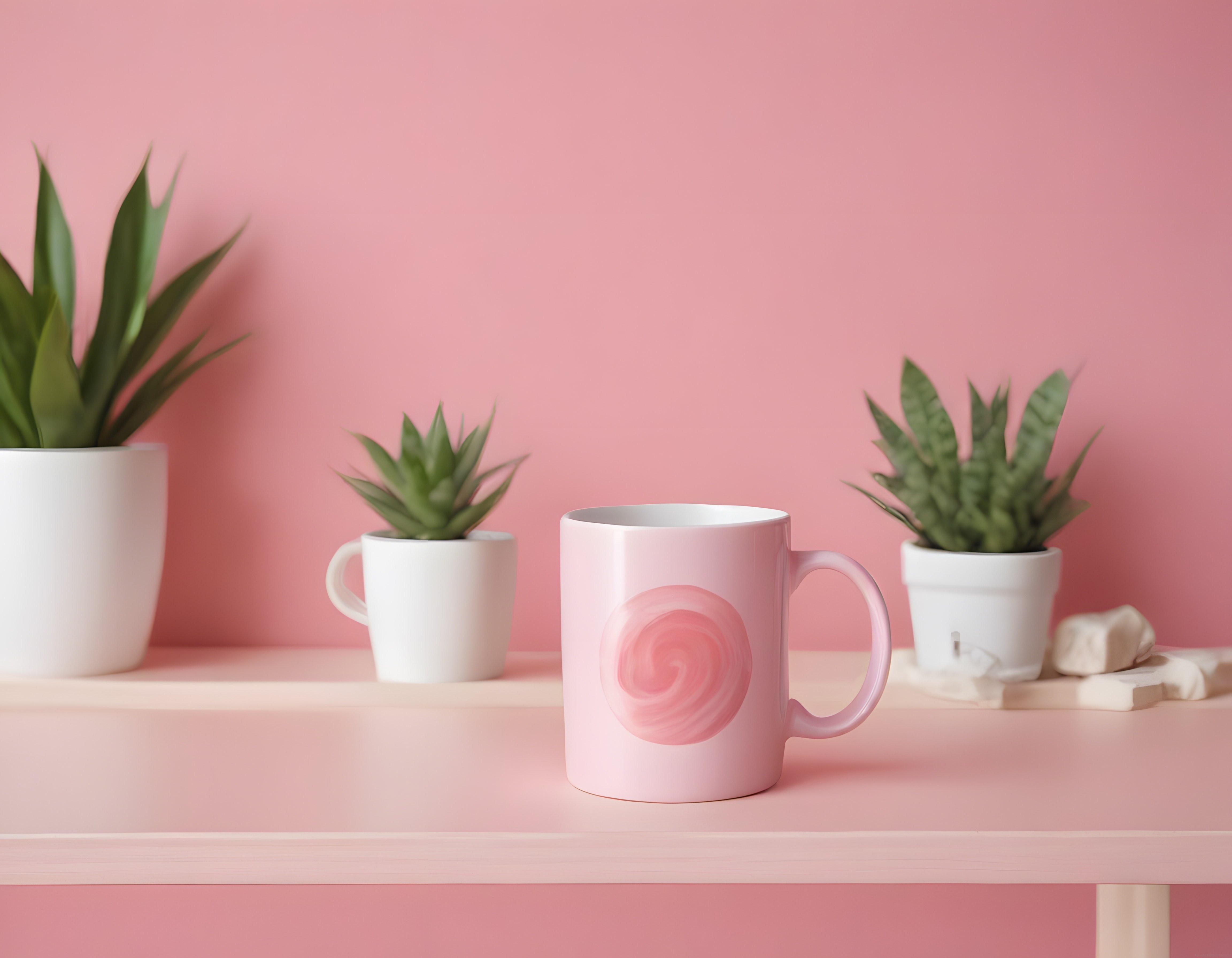 Pastel Pembe Tonlarında Dekoratif Kupa ve Sukulentlerle Huzurlu Masa Düzeni