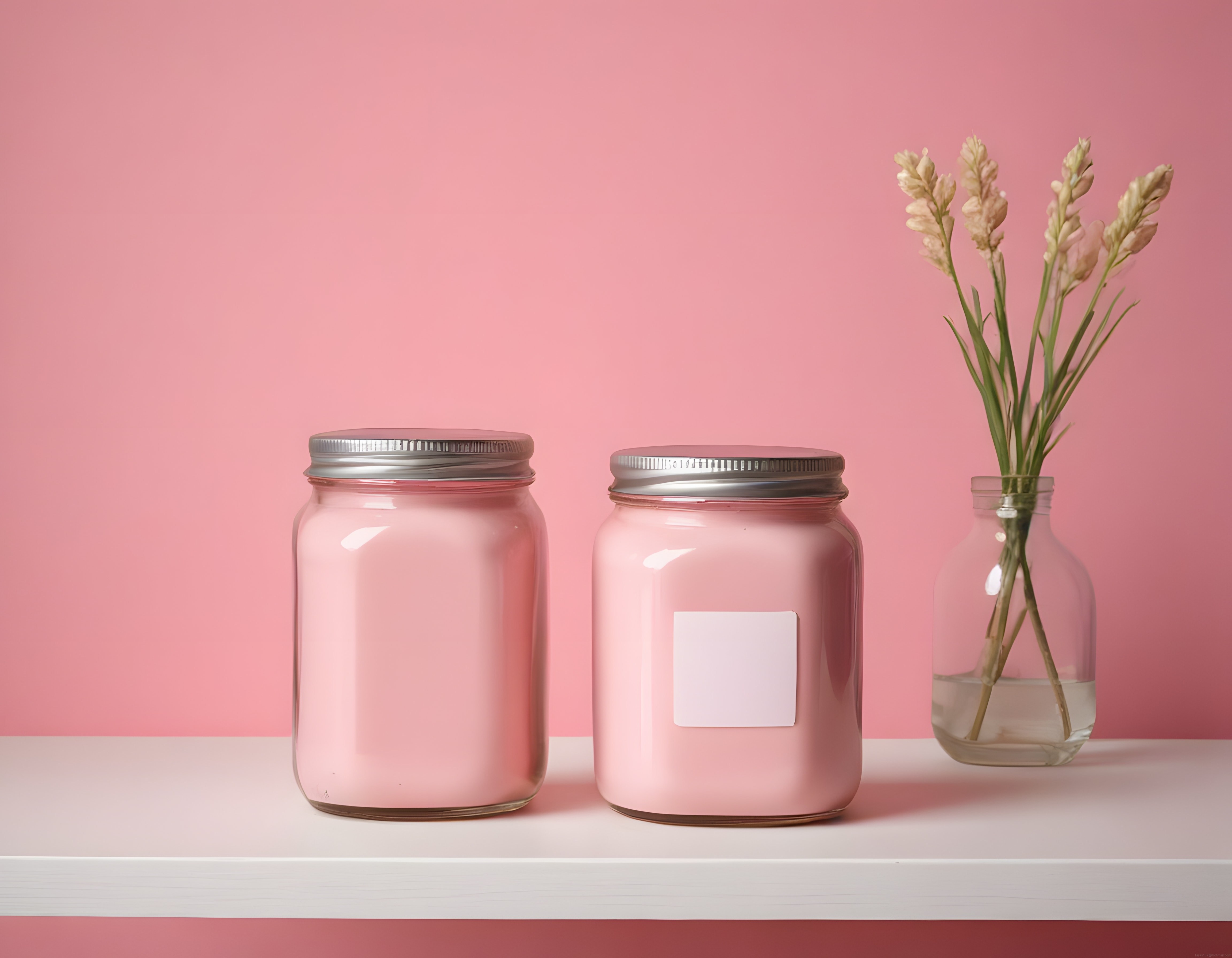 Pastel pembe tonlarında kavanozlar ve taze çiçeklerle ev dekorasyonu konsepti