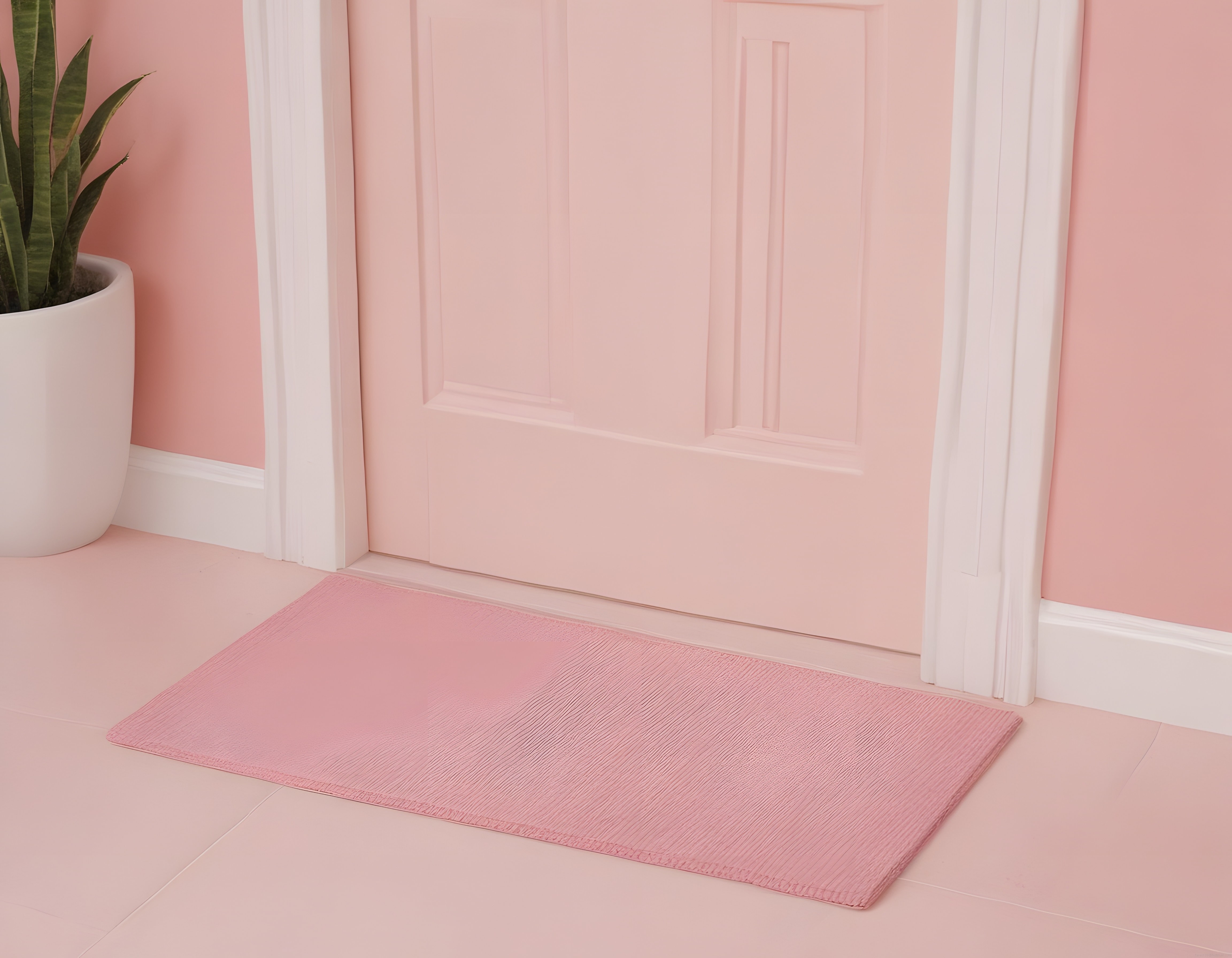 Pastel pembe tonlarında minimalist kapı önü dekoru ve yılan bitkisi detayı