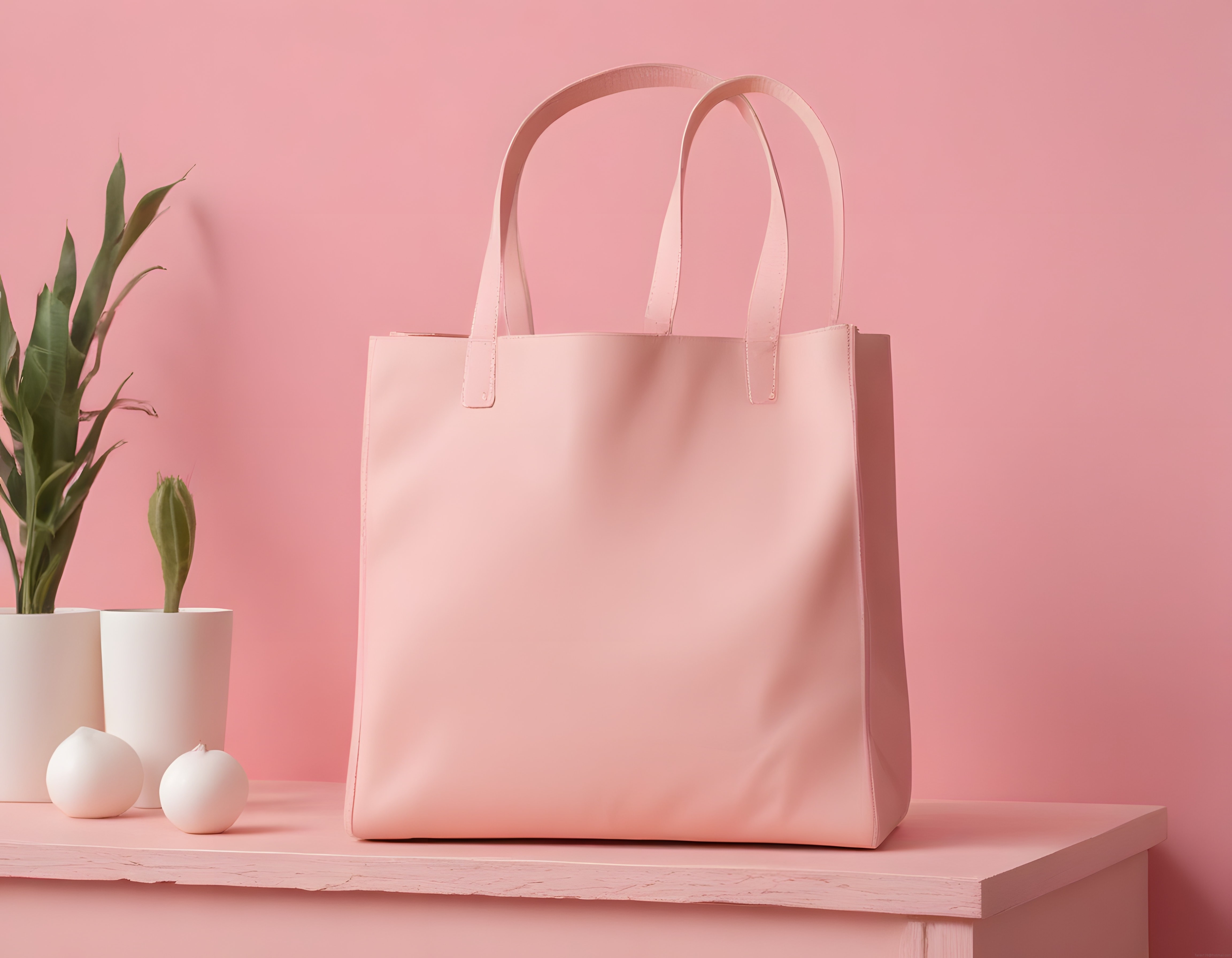 Pastel pembe tonlarında şık tote çanta ve minimal bitki dekorasyonu