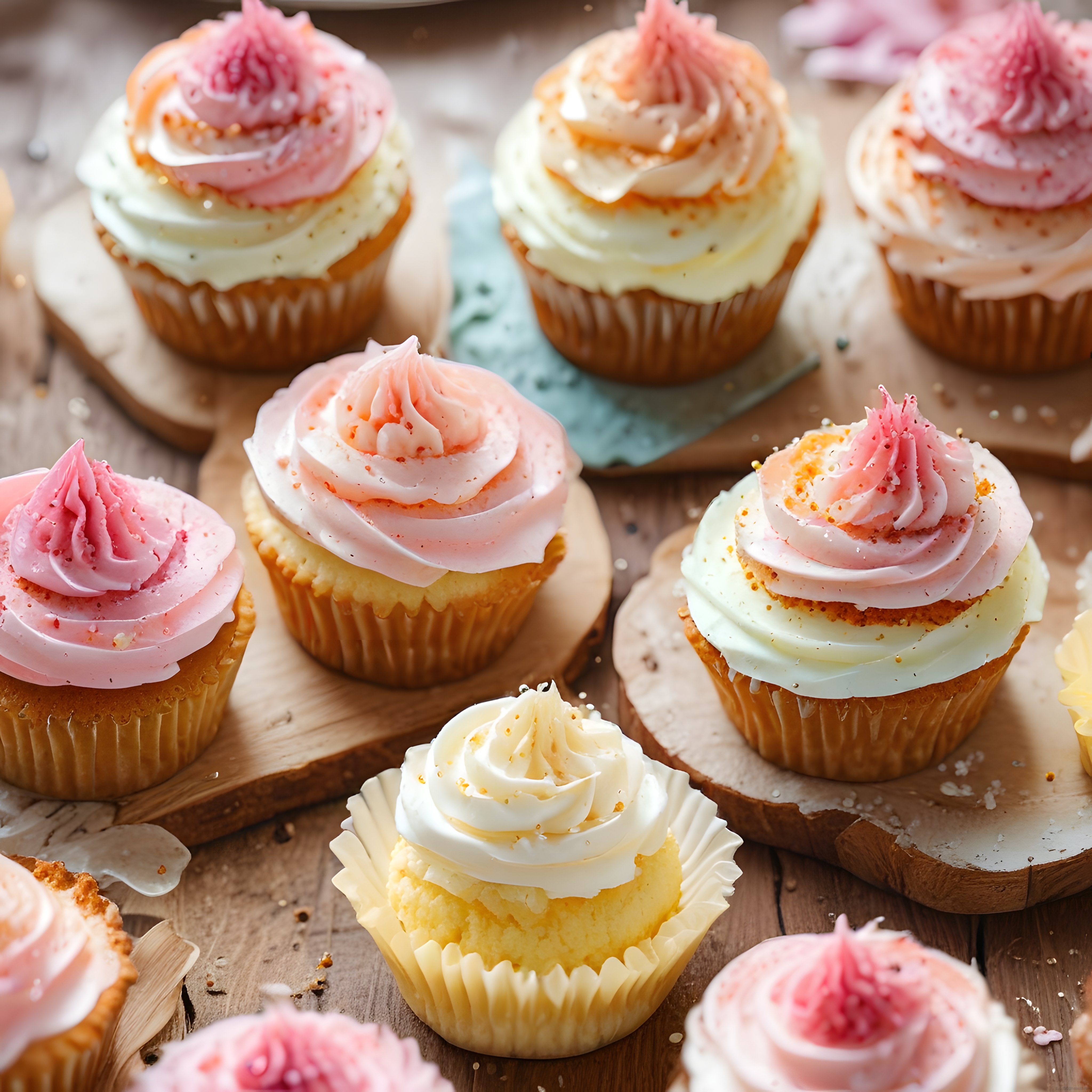 Pastel Pembe ve Beyaz Krema Süslü Cupcake'ler Rustik Ahşap Masada