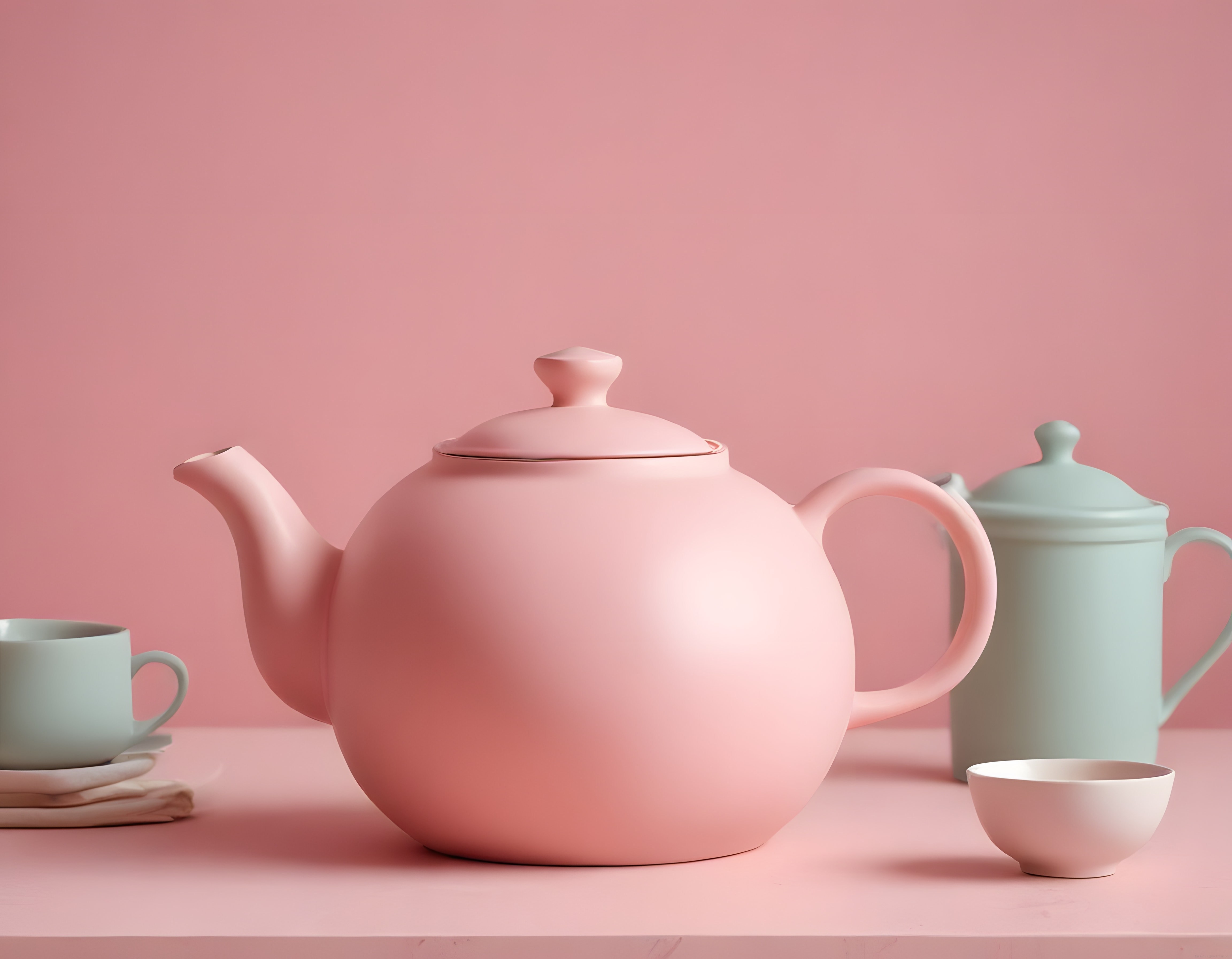 Pastel Pembe ve Yeşil Tonlarında Minimalist Seramik Çay Seti Stüdyo Çekimi
