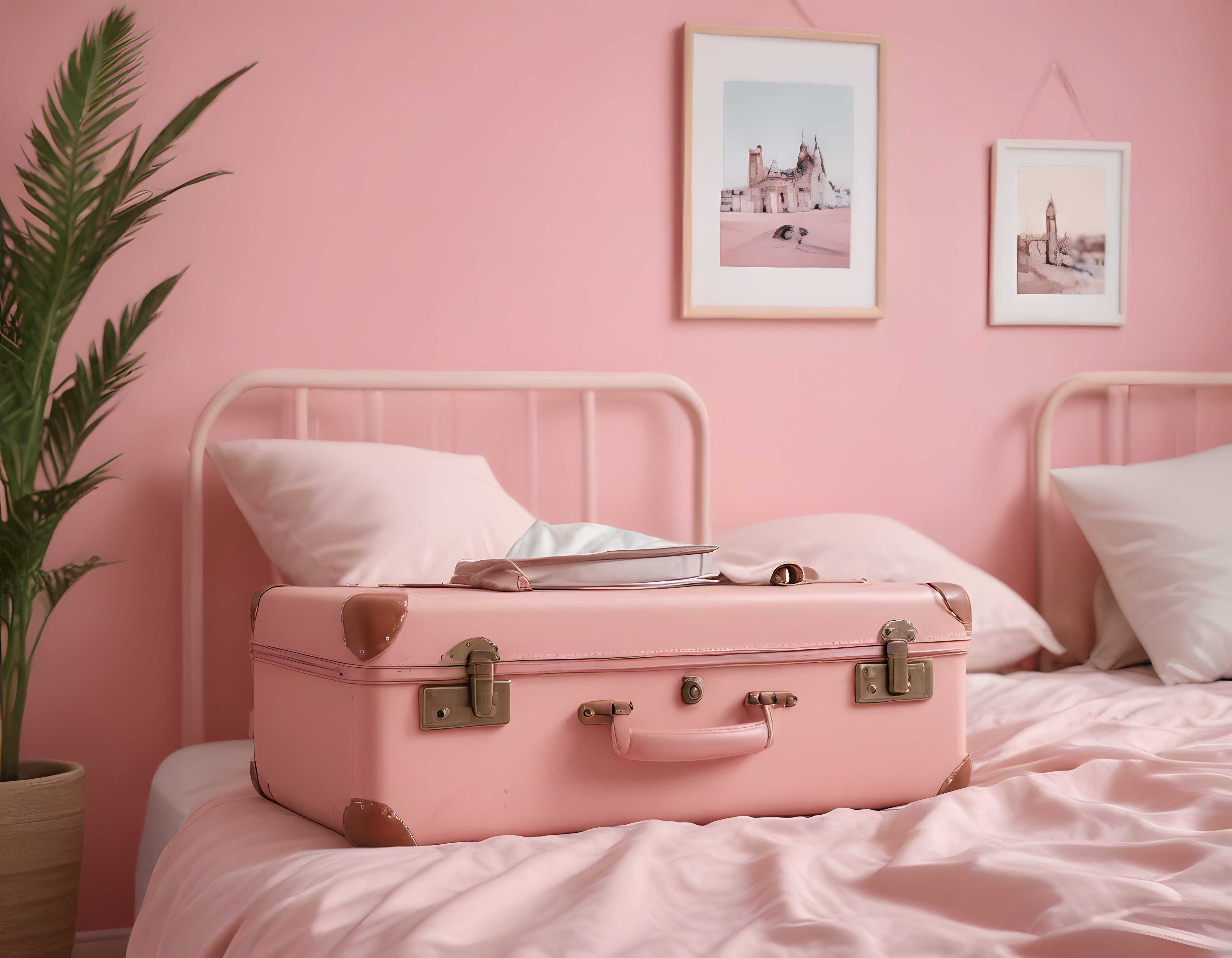 Pastel pembe yatak odasında vintage bavul ve estetik dekorasyon detayları