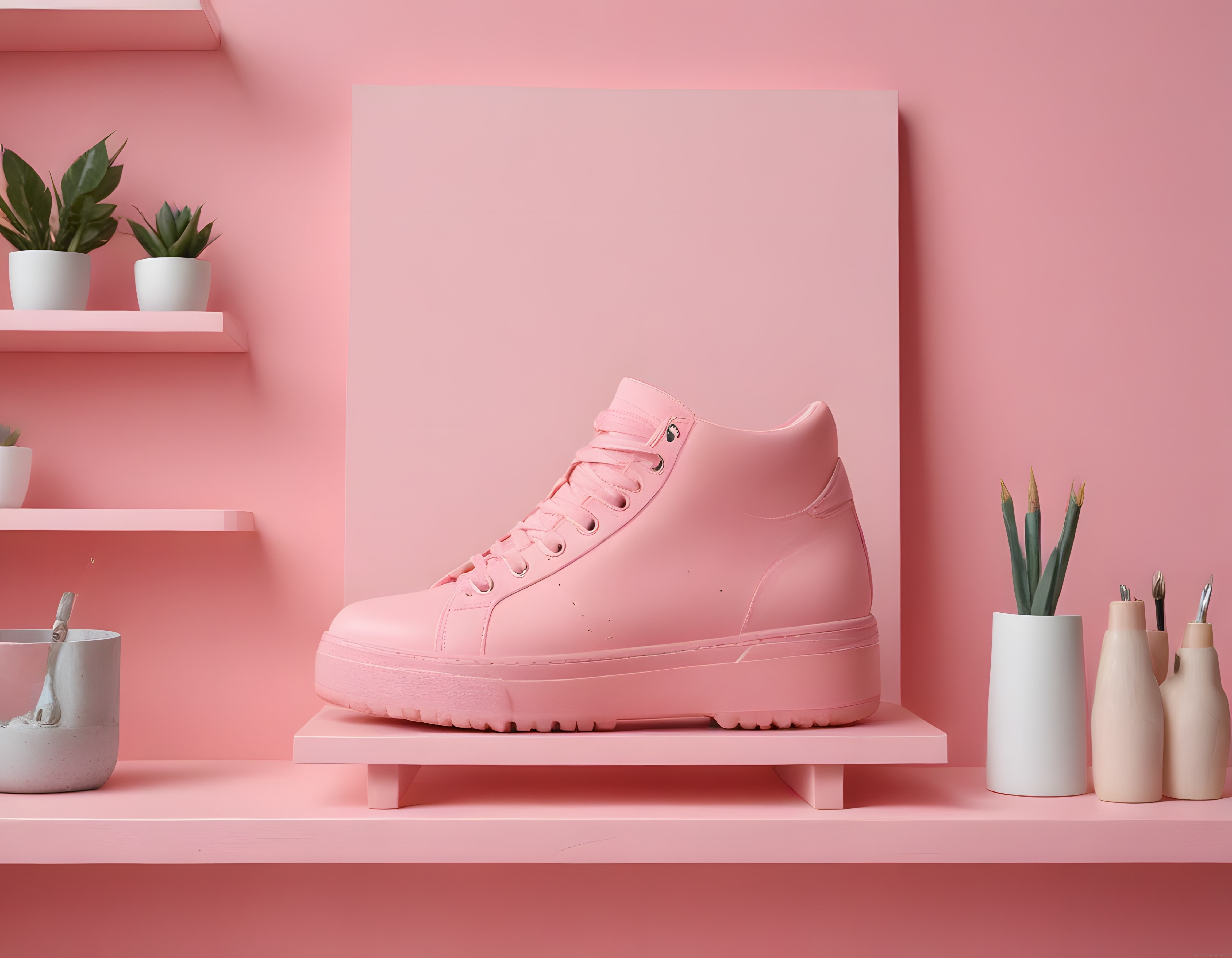 Pastel Pembe Yüksek Taban Sneaker ve Minimal Stüdyo Dekorasyon Konsepti