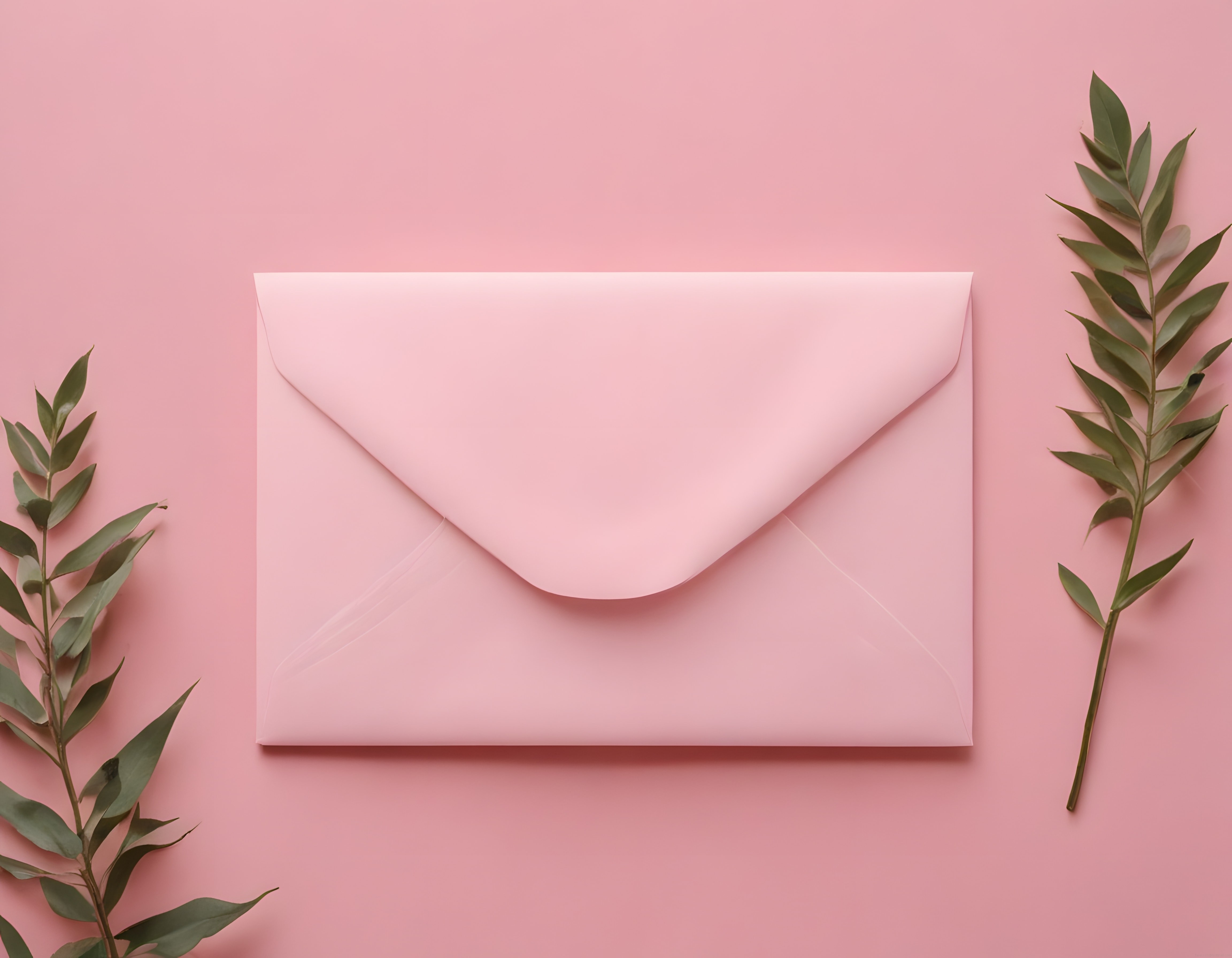 Pastel Pembe Zarf ve Eğrelti Otu Yapraklarıyla Romantik Davetiye Tasarımı