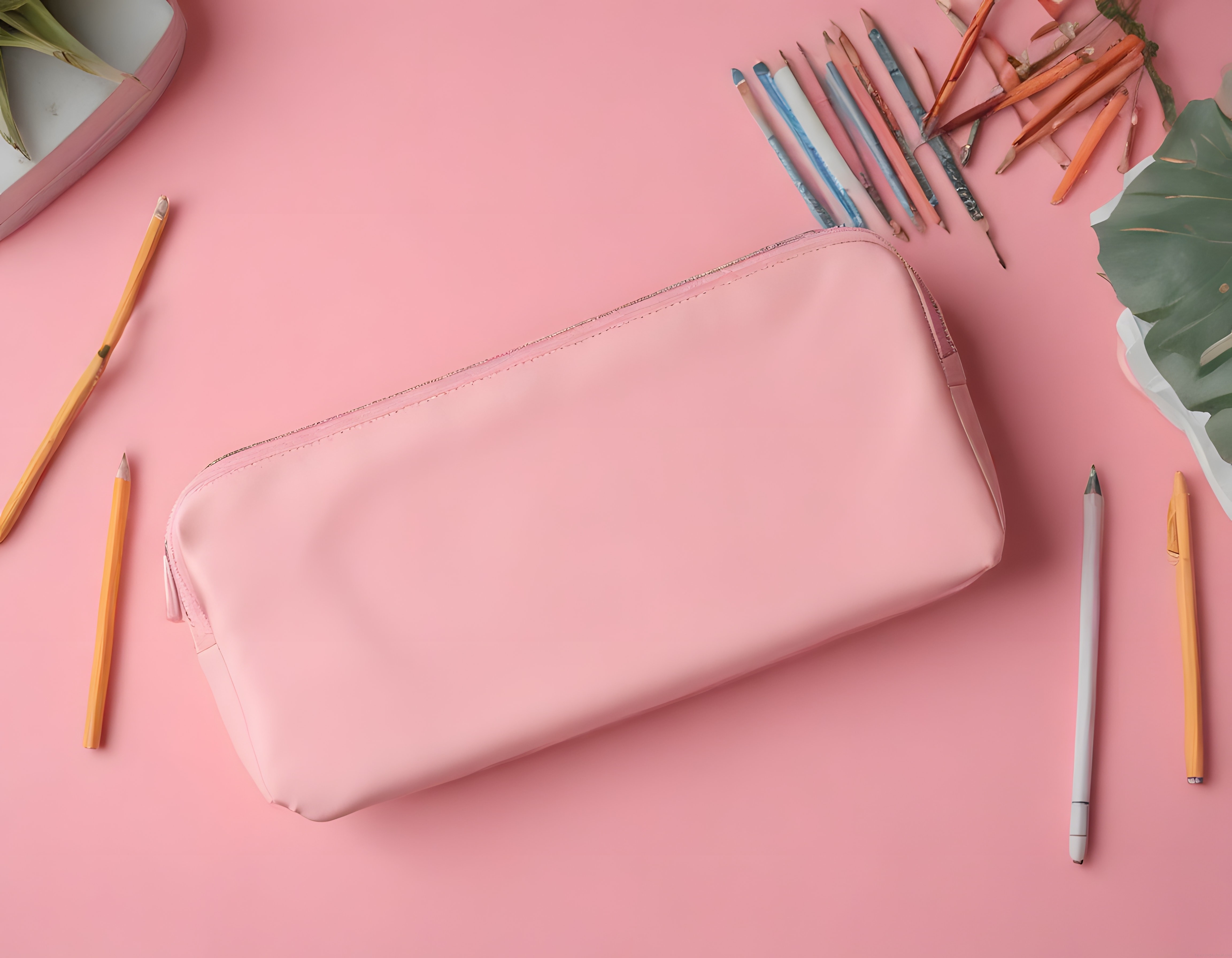 Pastel pembe zemin üzerinde minimalist kalem kutusu ve kırtasiye düzeni