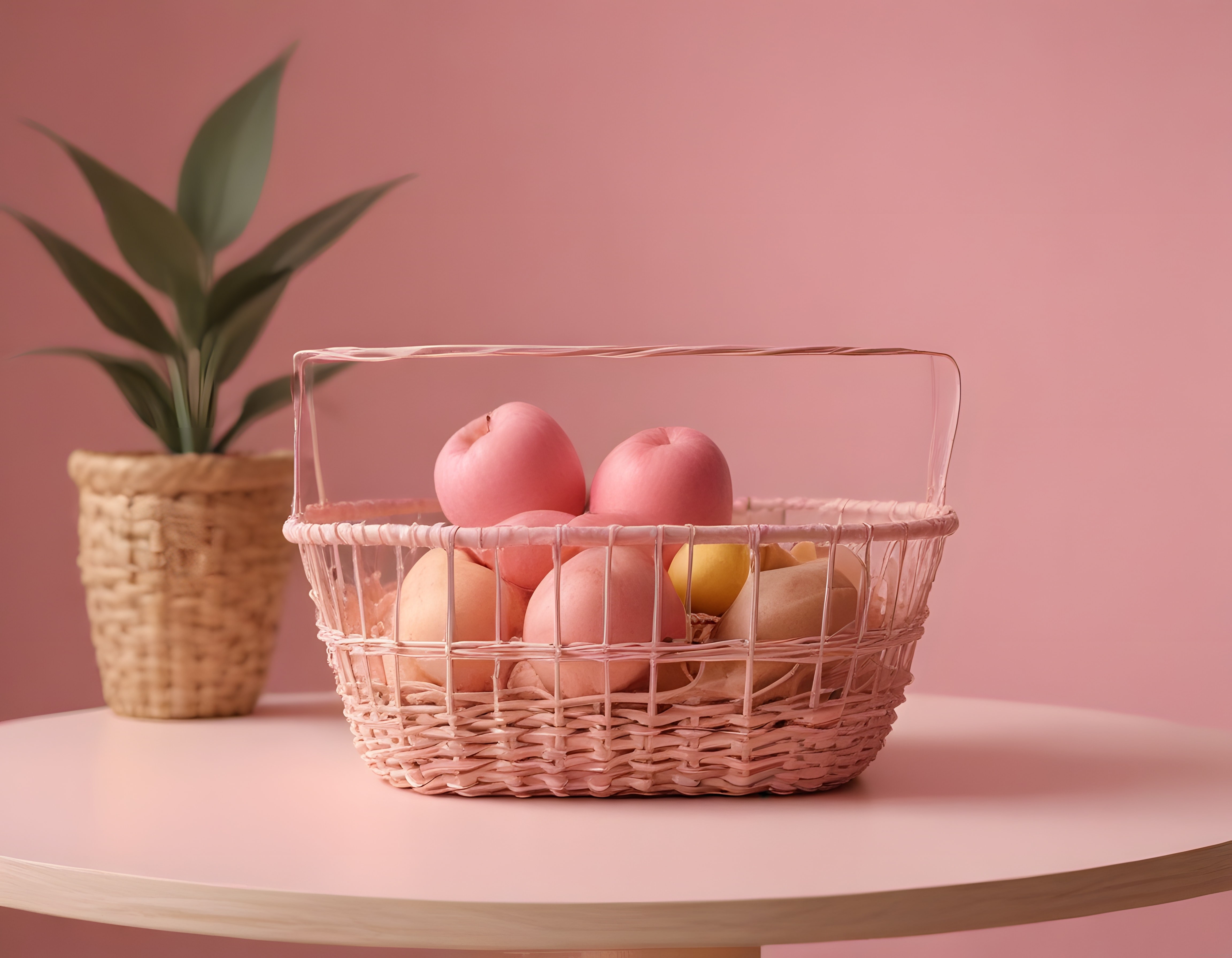 Pastel pembe zemin üzerinde örgü sepet içinde taze meyveler ve minimalist ev dekorasyonu