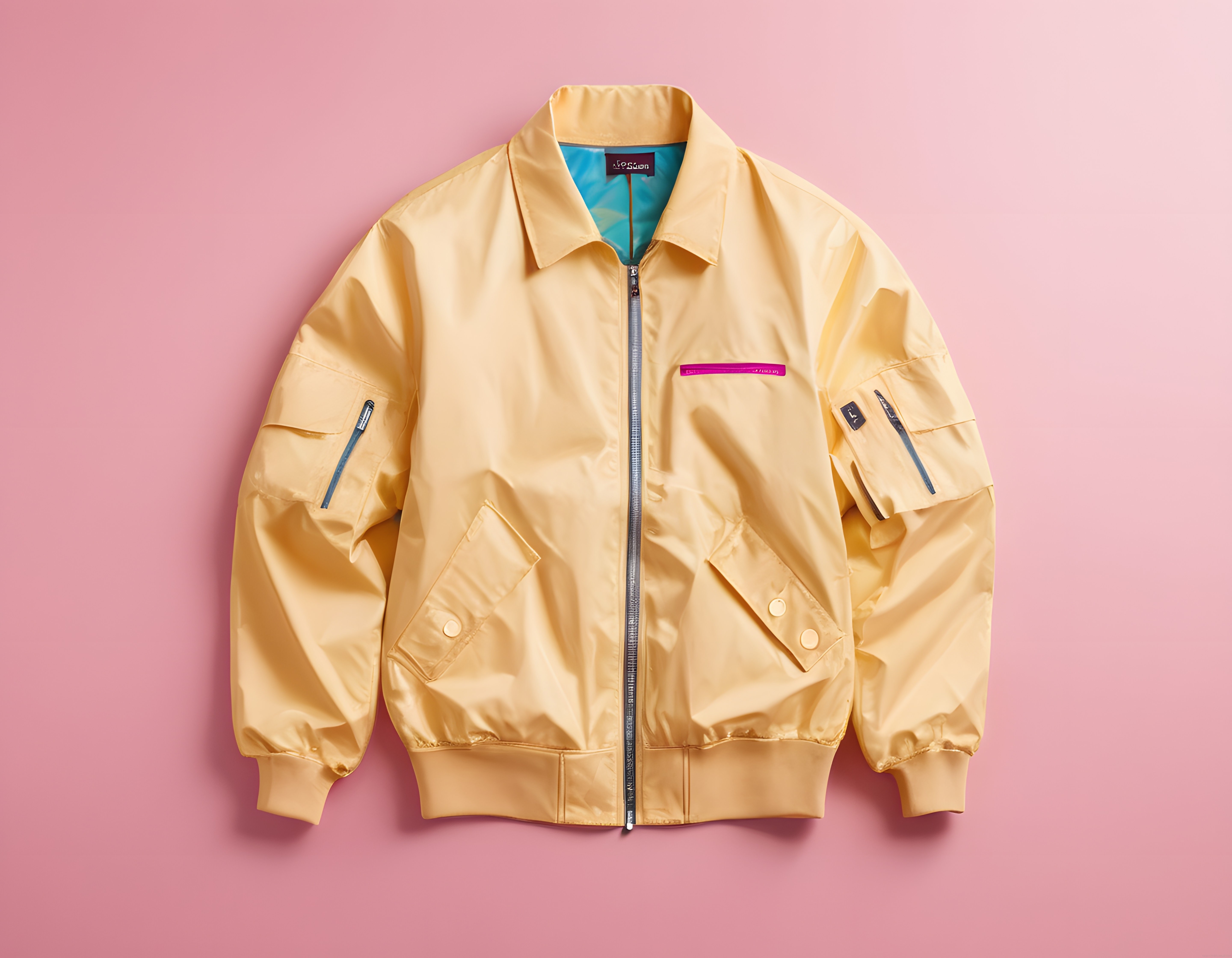 Pastel Pembe Zemin Üzerinde Oversize Sarı Bomber Ceket Ürün Fotoğrafı