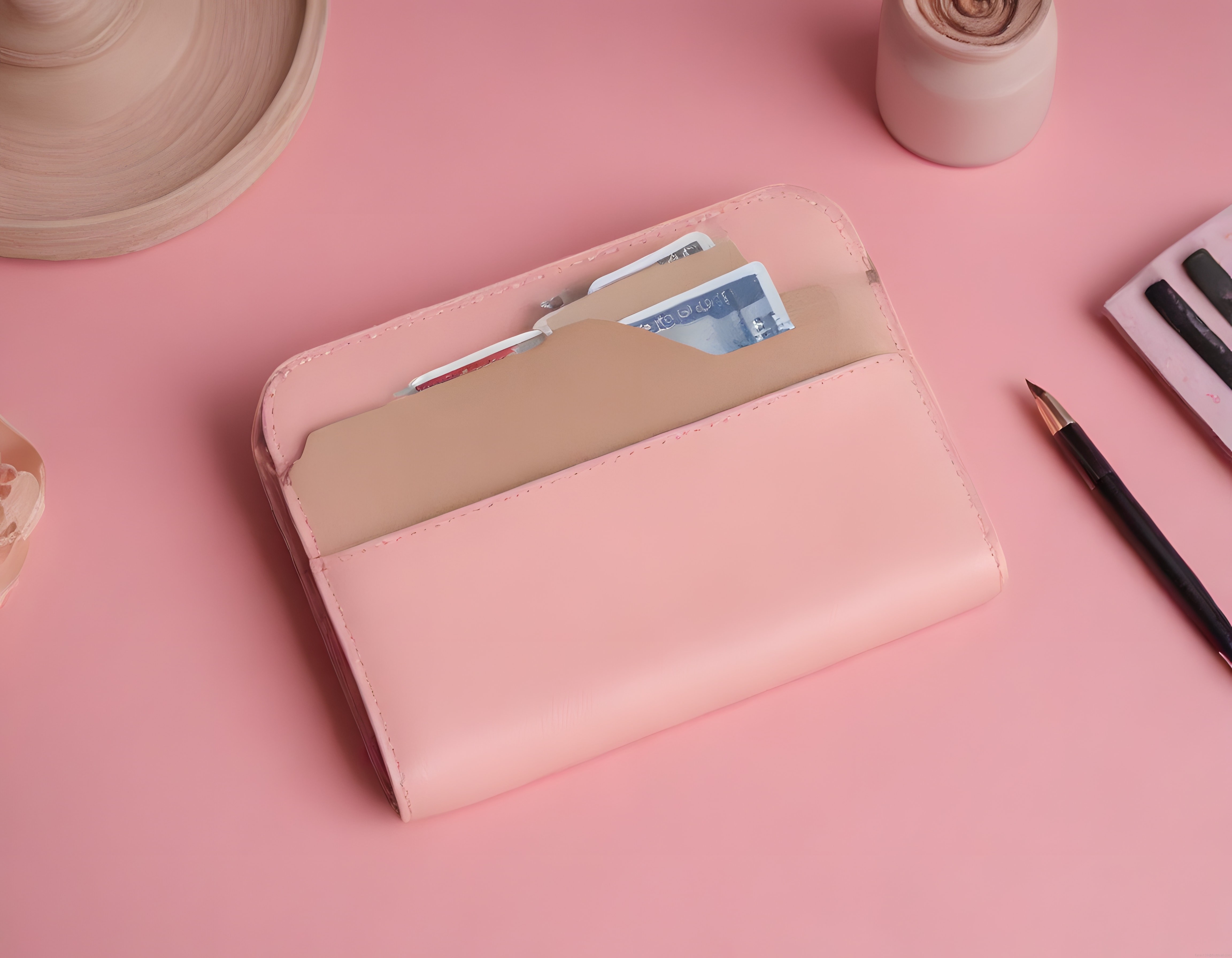 Pastel Pembe Zeminde Deri Kartlık ve Minimal Ofis Aksesuarları Düzeni
