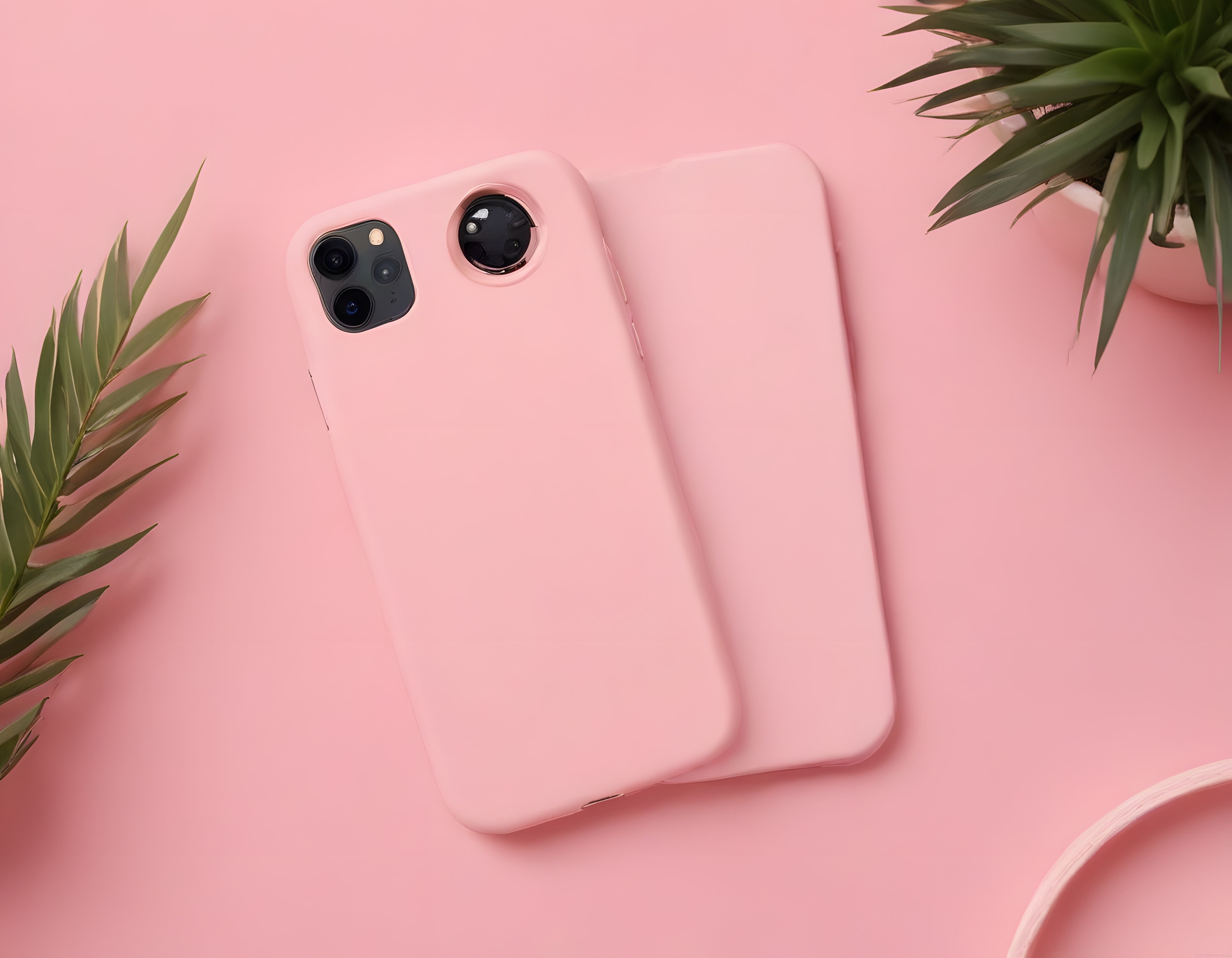 Pastel pembe zeminde estetik iPhone kılıfları ve yeşil bitki detayları