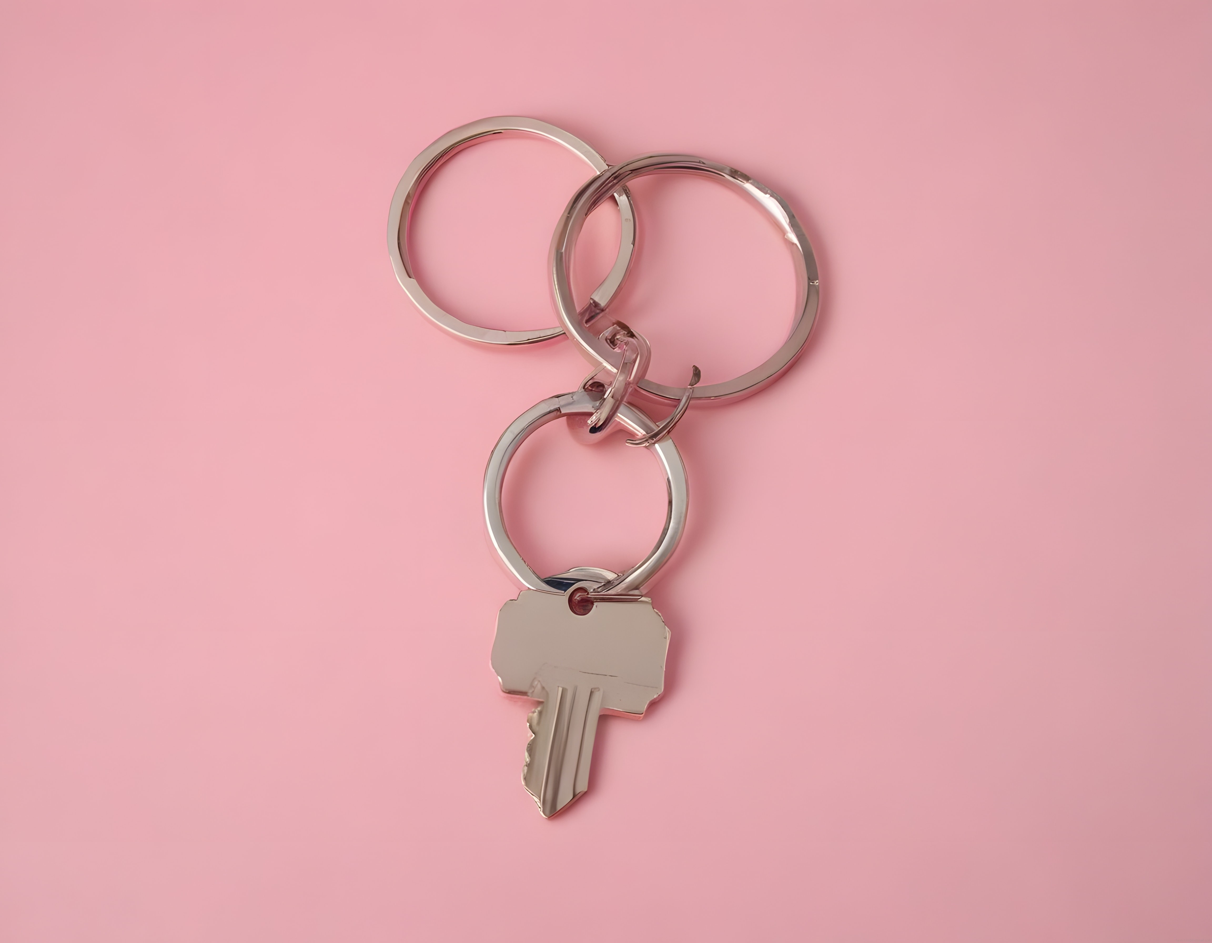 Pastel pembe zeminde gümüş anahtarlık ve ev anahtarı minimal ürün fotoğrafı
