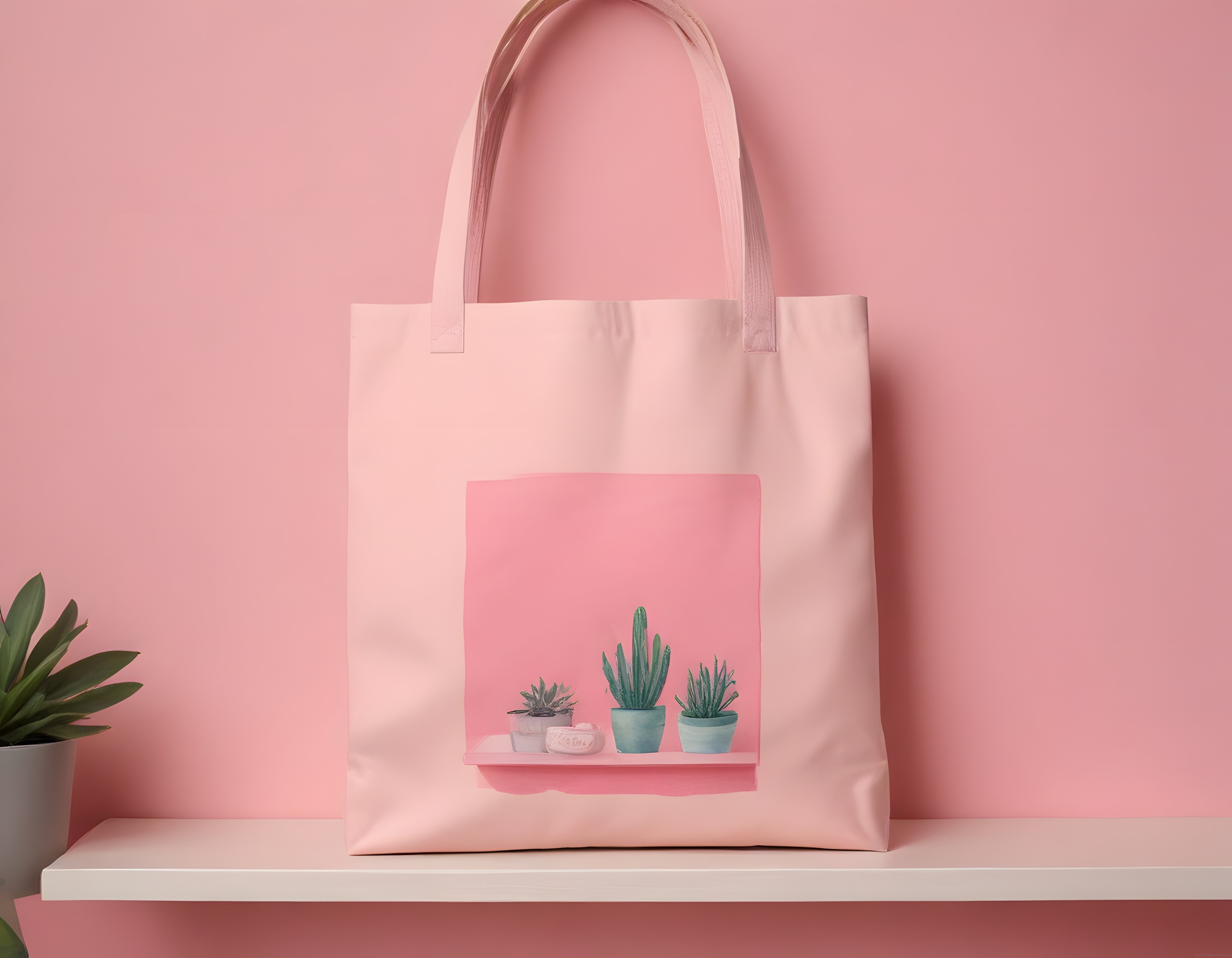 Pastel Pembe Zeminde Kaktüs Desenli Bez Çanta ve Minimalist Stüdyo Arkaplanı