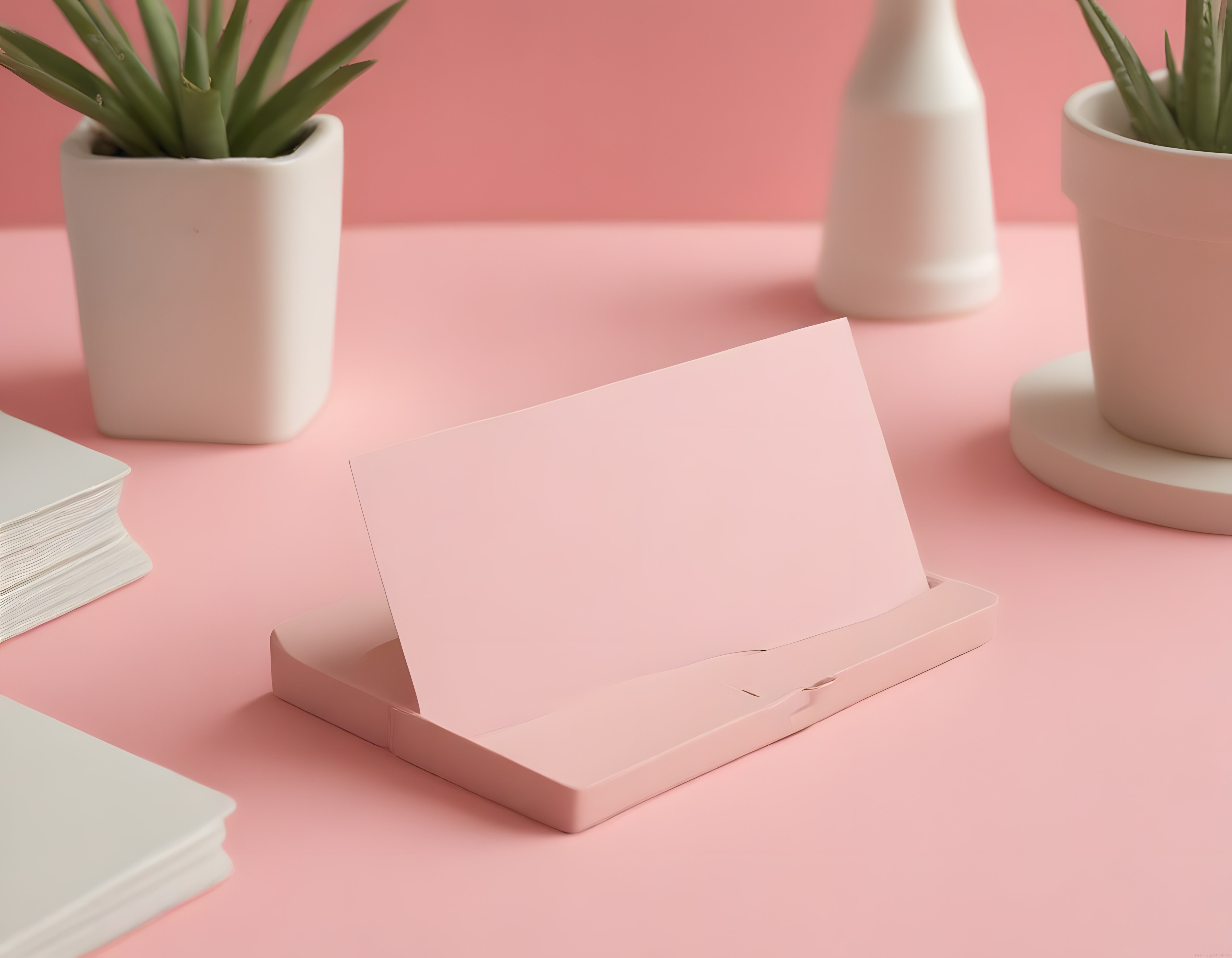 pastel pembe zeminde kartvizit standı ve saksı bitkileriyle minimal düzen