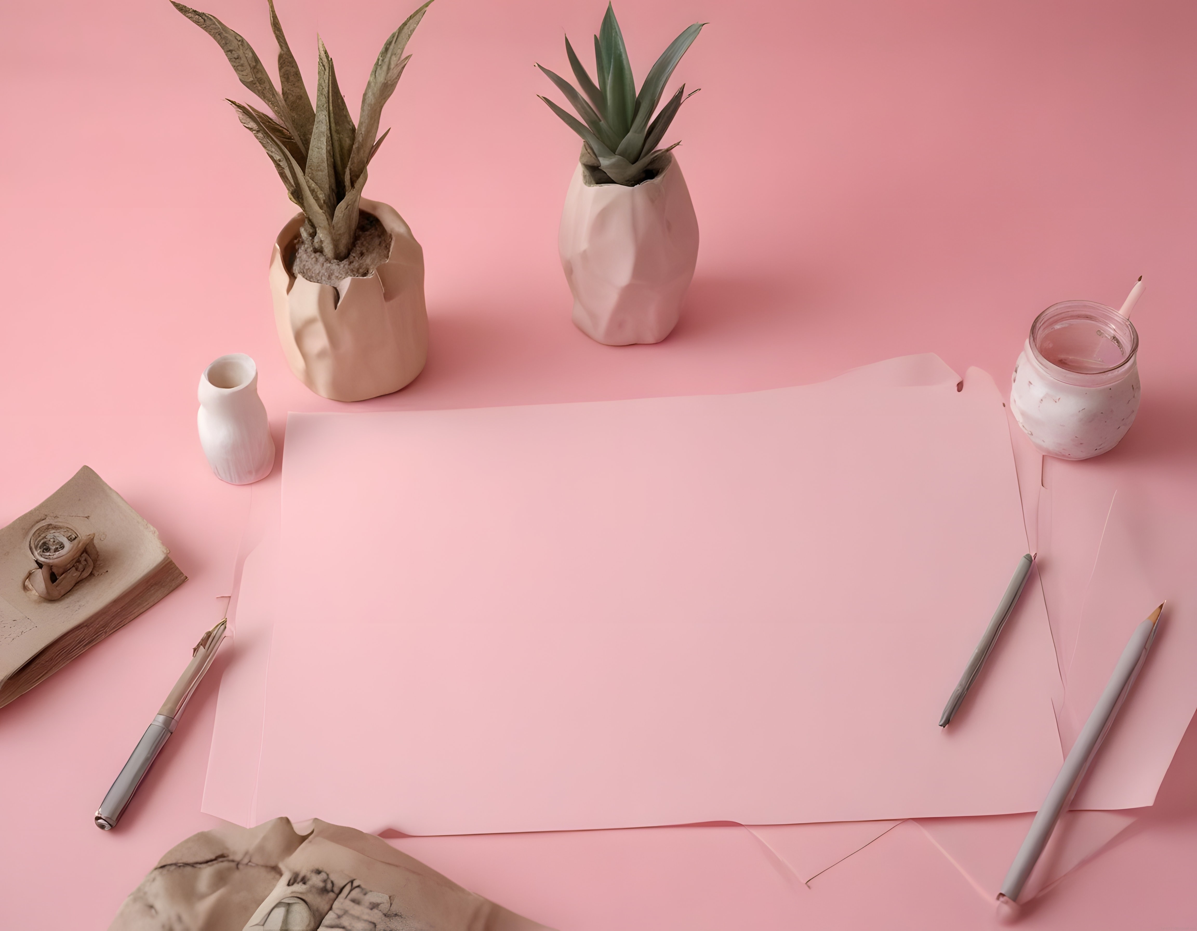 Pastel Pembe Zeminde Minimal Çalışma Masası ve Sanat Malzemeleri Düz Çekimi