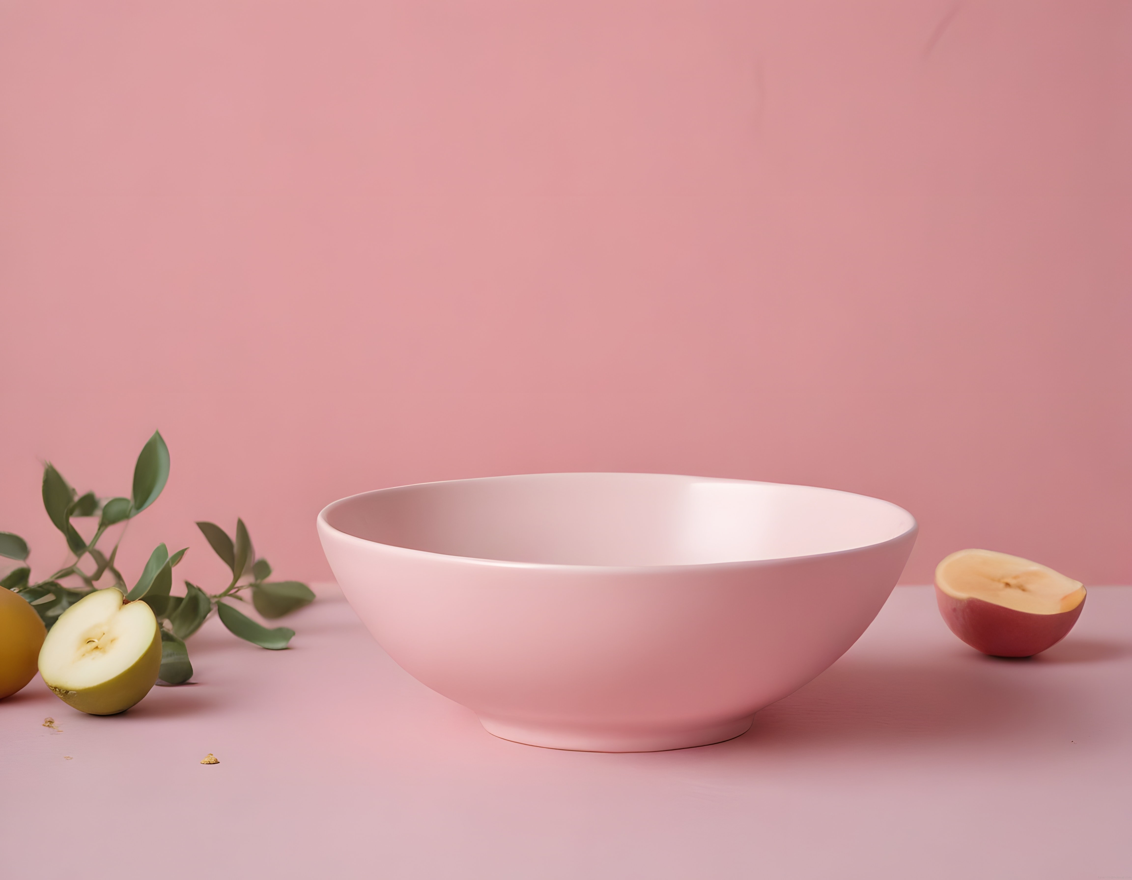 Pastel Pembe Zeminde Zarif Kase ve Taze Meyveler ile Still Life Çekimi