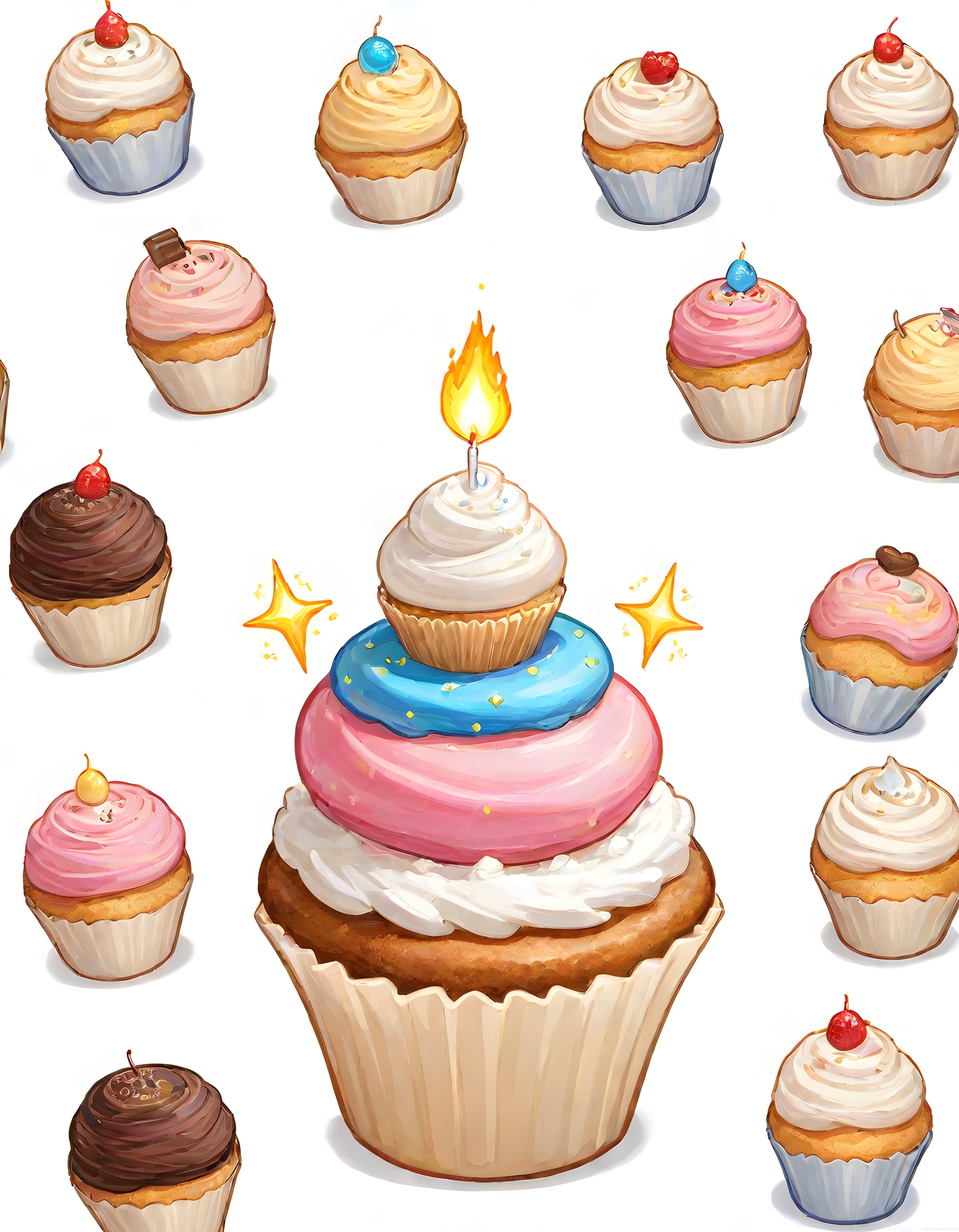 Pastel Renklerde Cupcake'lerle Süslenmiş Dev Doğum Günü Tatlısı ve Yanan Mum
