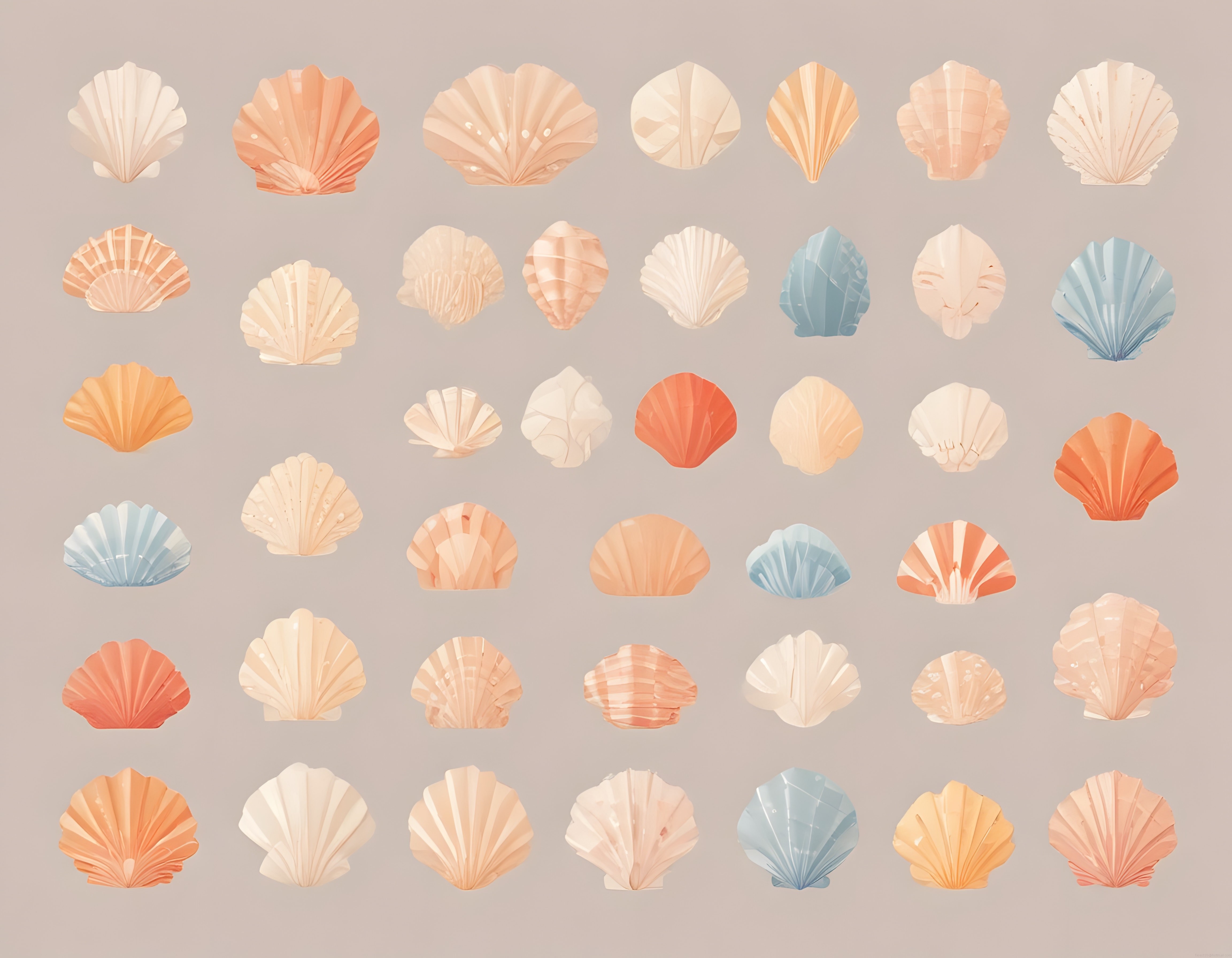 Pastel Renklerde Farklı Deniz Kabuğu Dijital İllüstrasyon Koleksiyonu