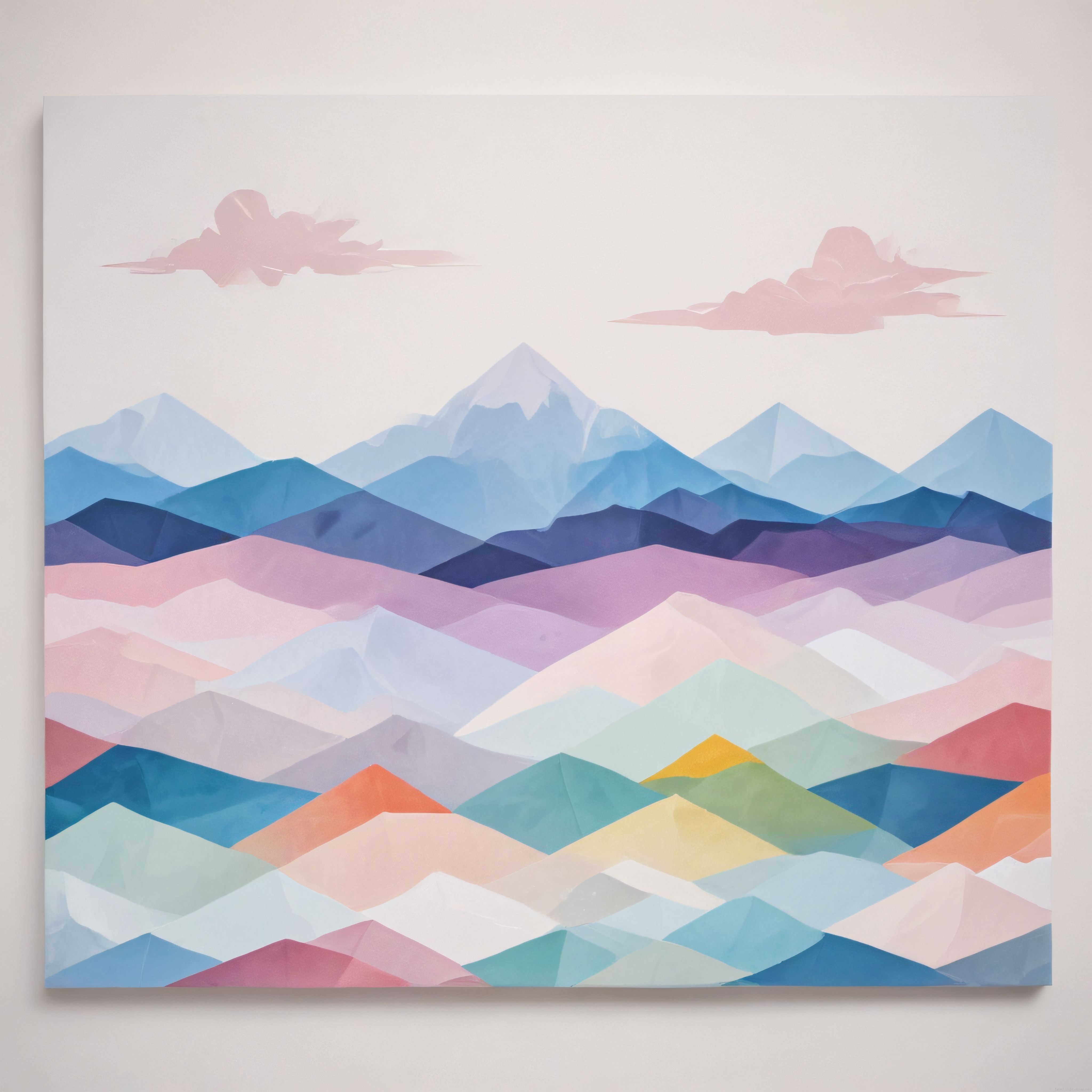 Pastel Renklerde Geometrik Dağ Zirveleri ve Bulutlarla Soyut Manzara