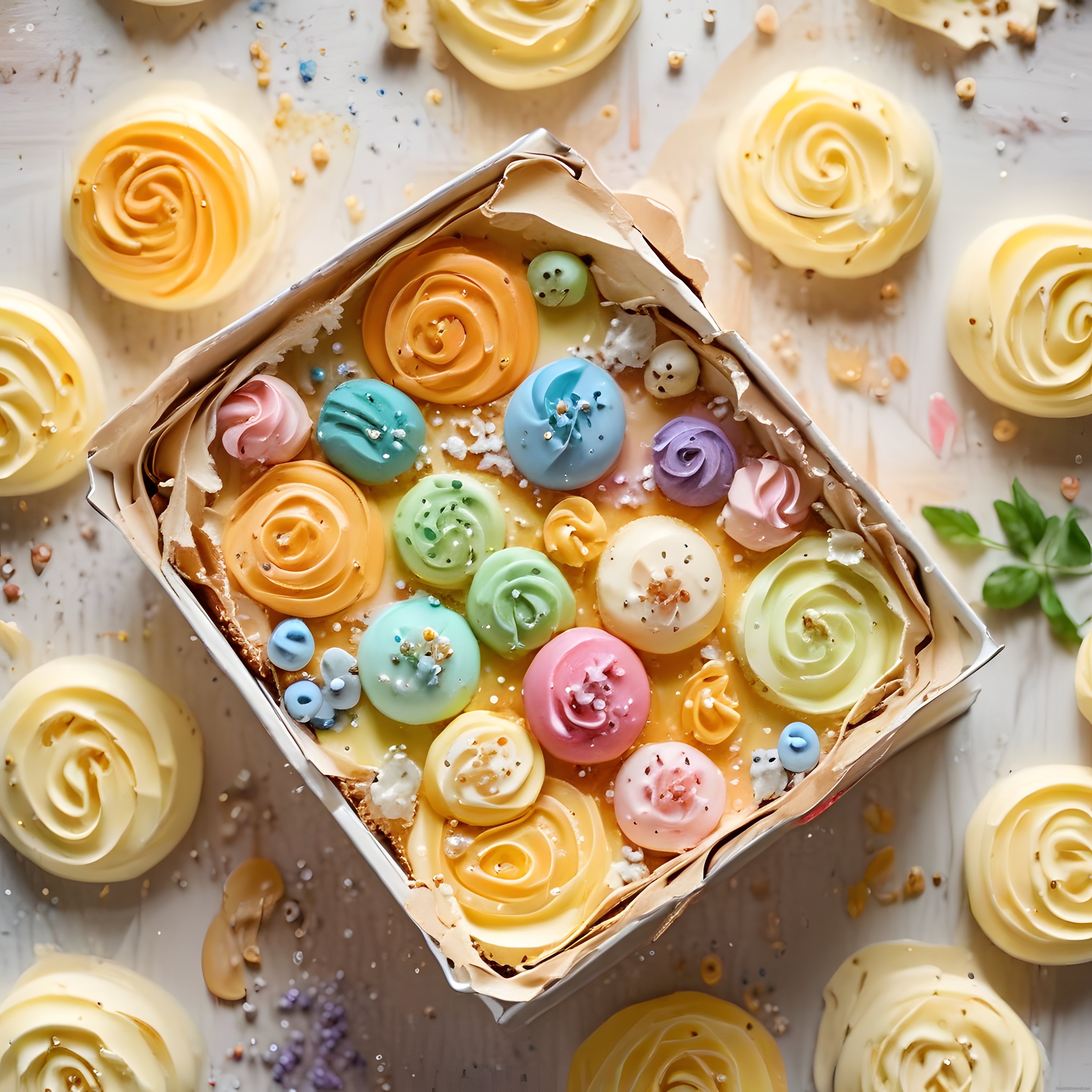 Pastel renklerde gül krema süslemeli tatlı kutusu ve makaronlar