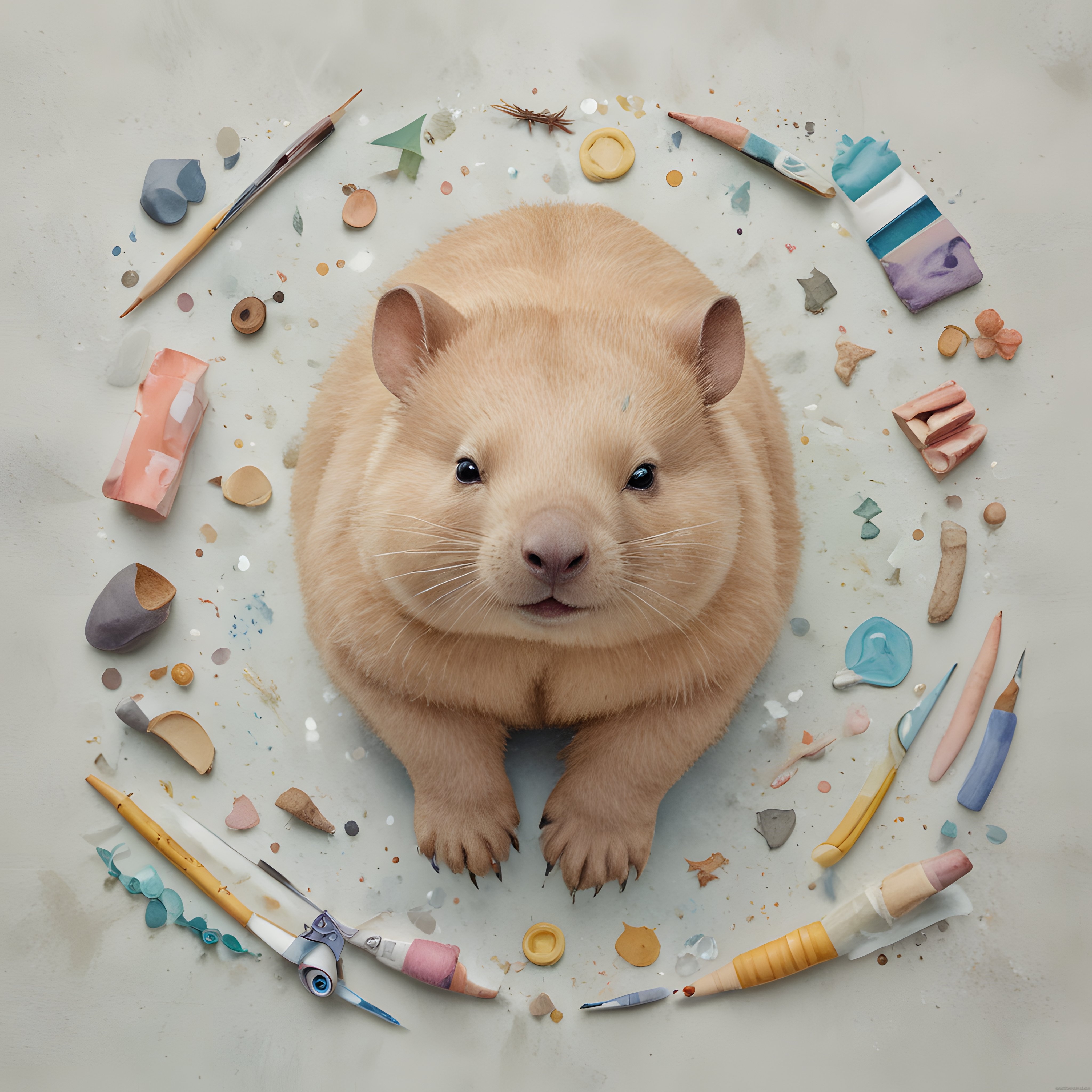 Pastel Renklerde Sanat Aletleriyle Çevrili Yumuşak Tüylü Hamster