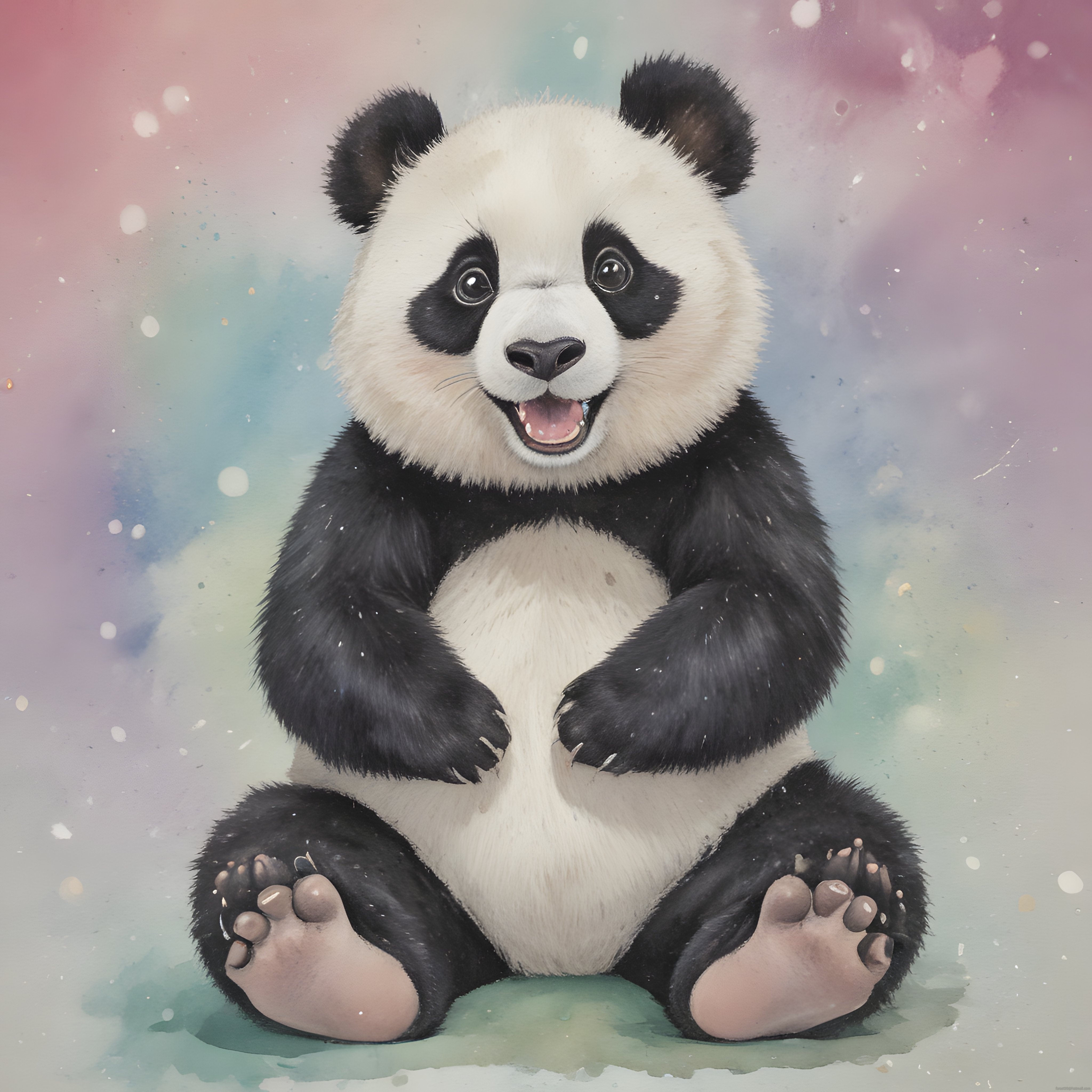Pastel renklerde suluboya arka plan üzerinde oturan sevimli neşeli panda çizimi