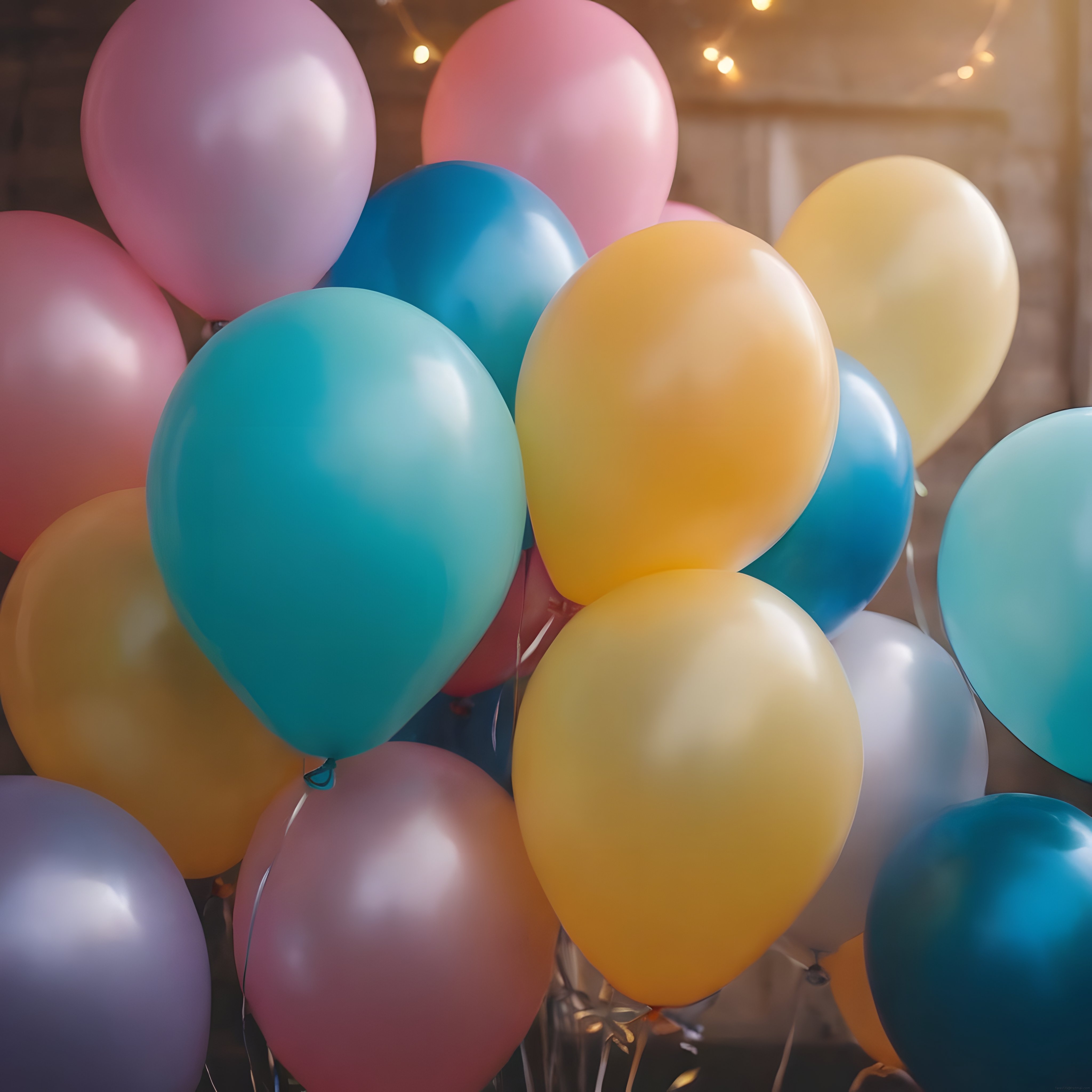 Pastel Renkli Balonlar ve Sıcak Işıklarla Neşeli Kutlama Atmosferi