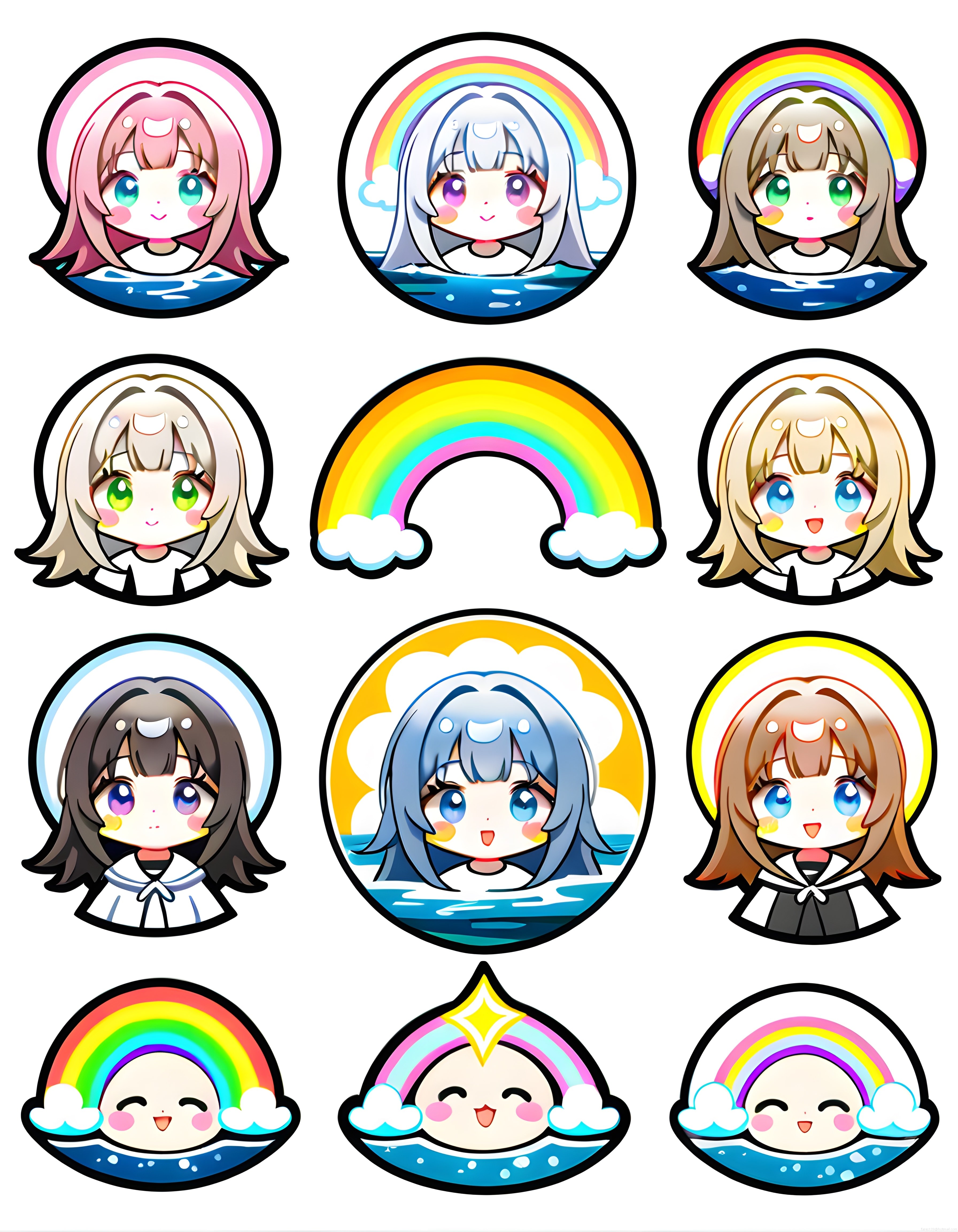 Pastel Renkli Chibi Anime Karakterleri ve Gökkuşağı Dijital Sticker Seti