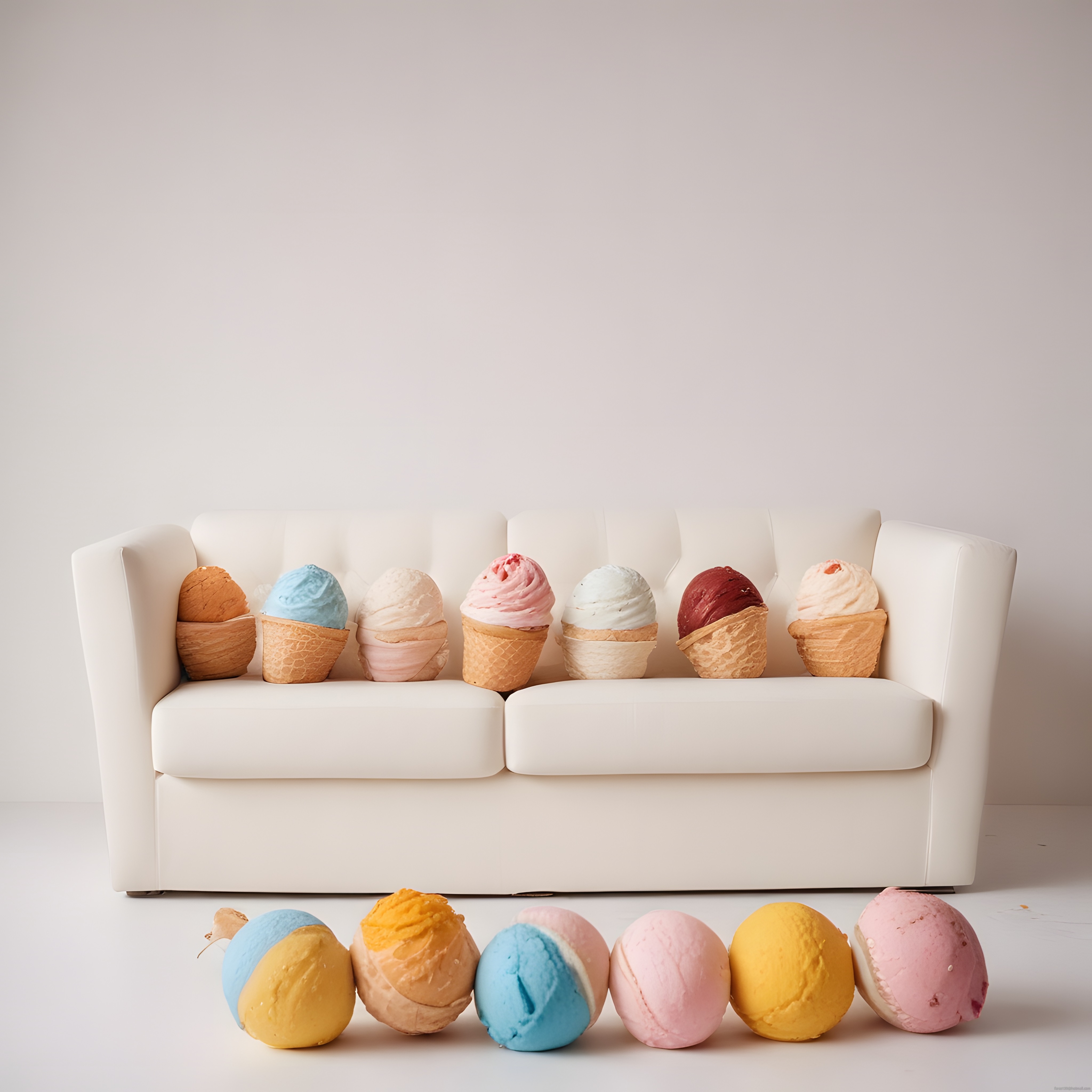 Pastel Renkli Dondurmalarla Dekore Edilmiş Beyaz Koltuk ve Tatlı Sunum