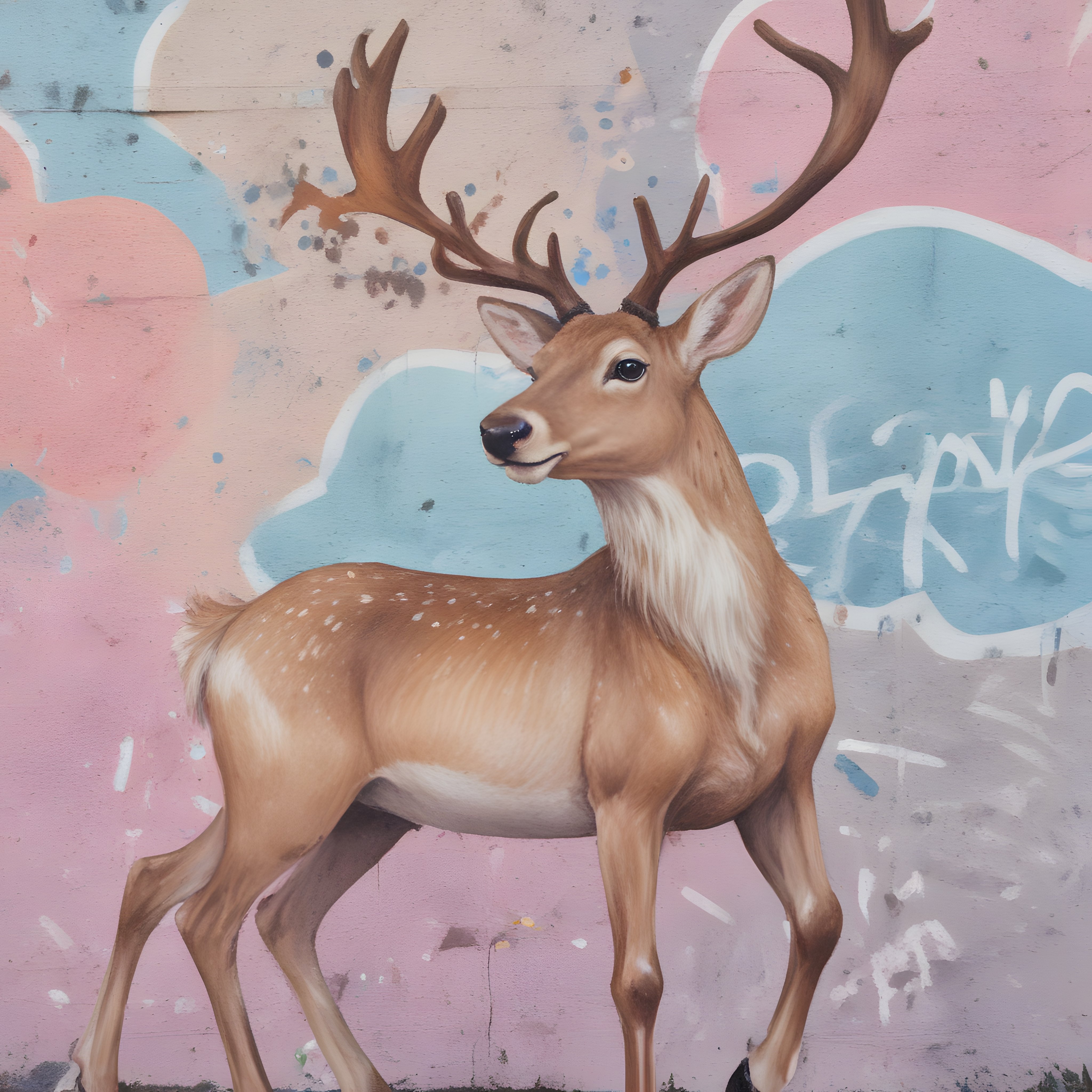 Pastel Renkli Duvara İşlenmiş Gerçekçi Geyik Duvar Resmi ve Grafiti