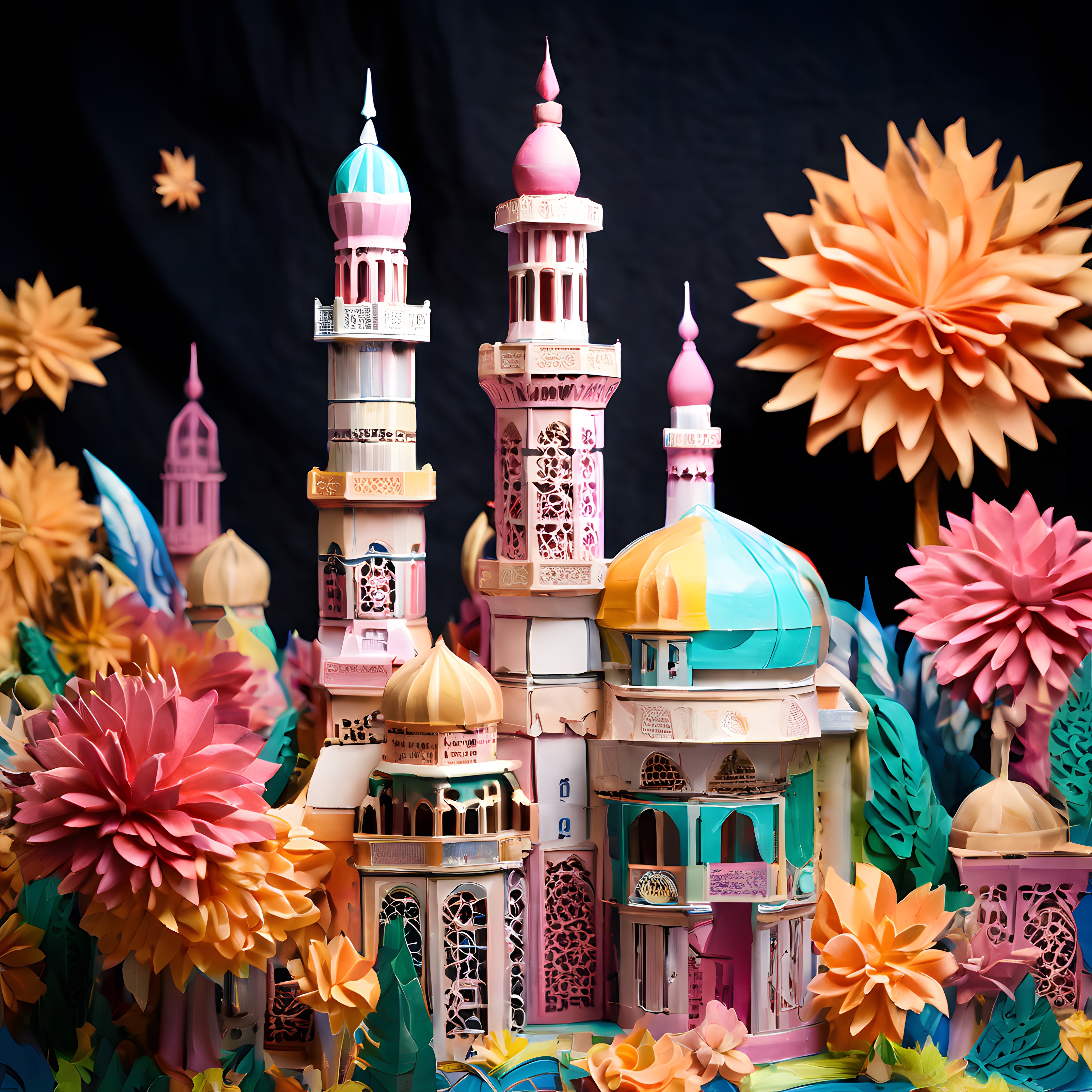 Pastel Renkli Fantezi Kubbeli Yapı ve Çiçekler Dijital Sanat Çalışması