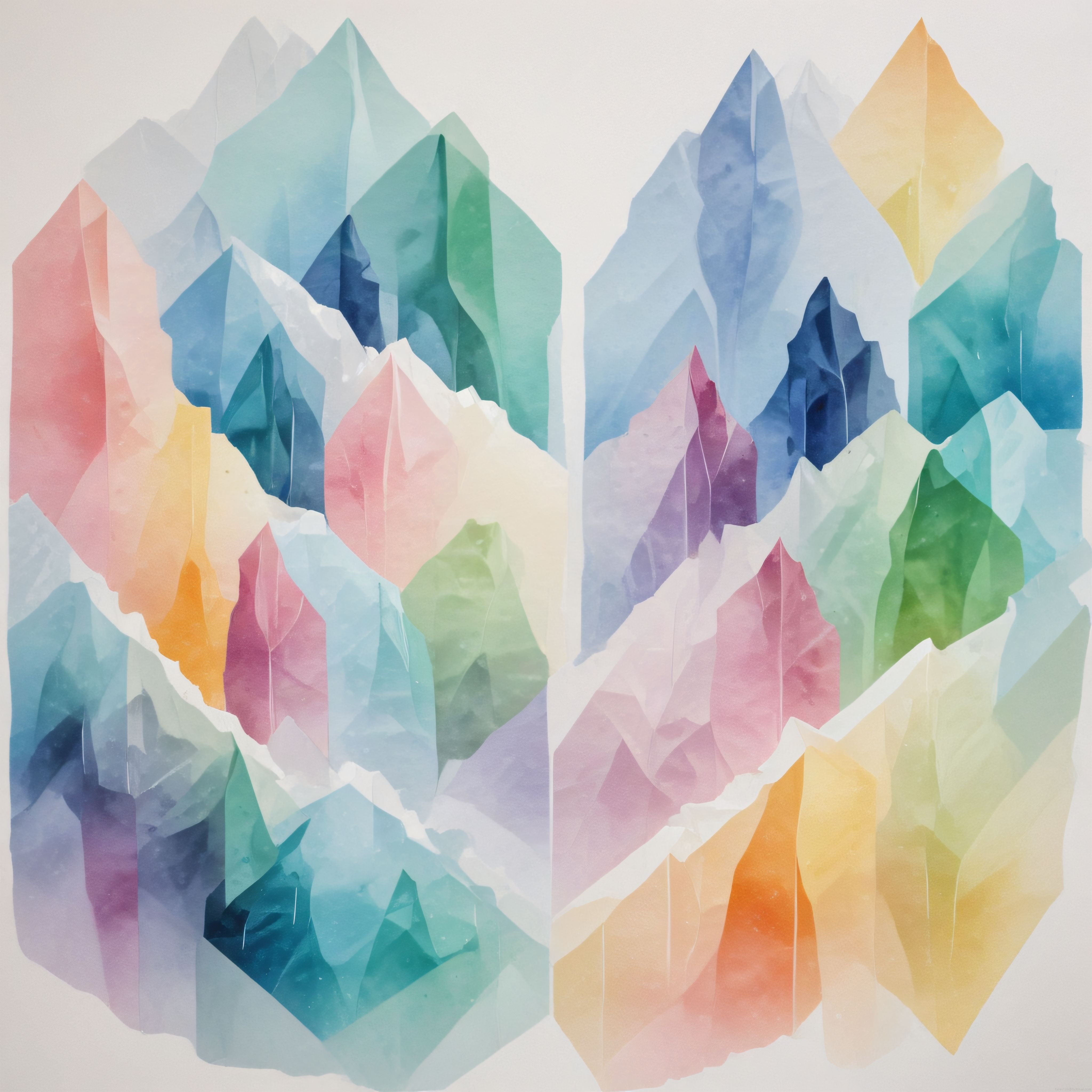 Pastel Renkli Geometrik Kristaller ve Soyut Dağlar Suluboya Tablosu