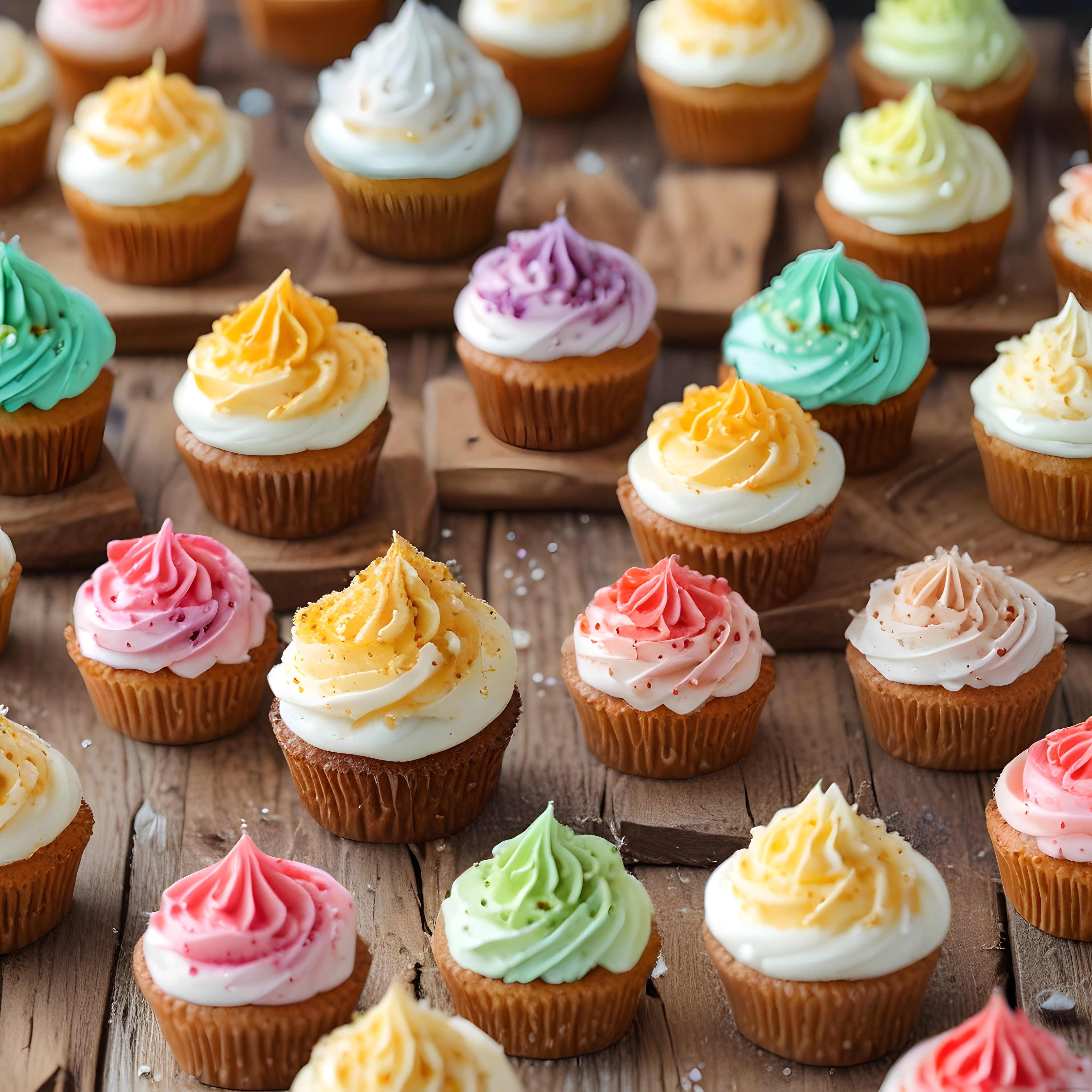 Pastel Renkli Krema Süslü Cupcakeler ve Ahşap Masa Üzerinde Tatlı Aranjman
